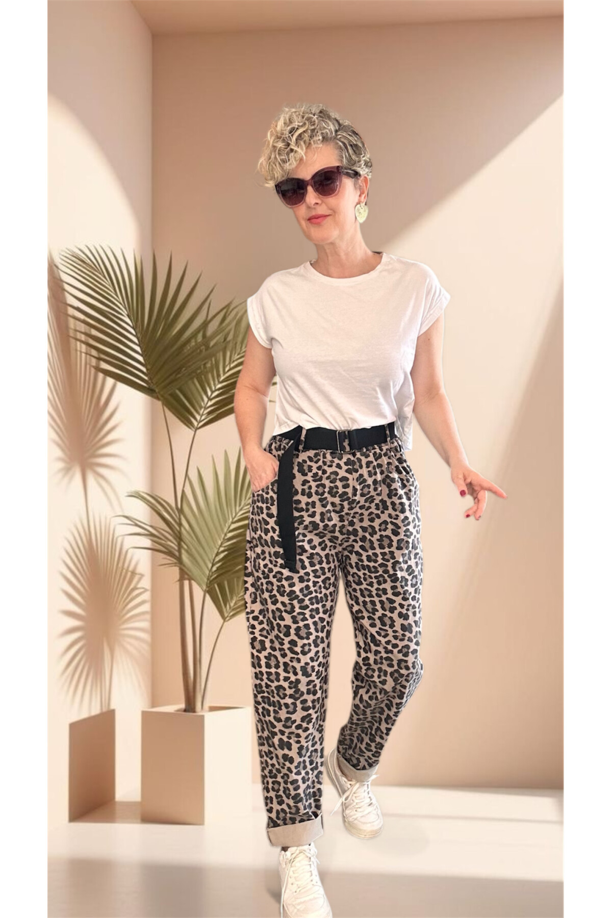 Senly İtalyan Leopar Kemerli Pantolon Vizon