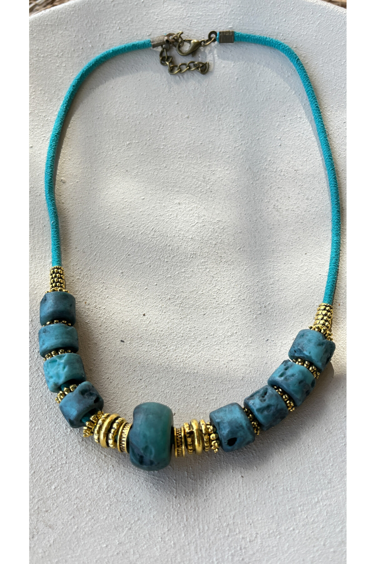 Luminous Pirinç Cam Etnik Kolye Turkuaz