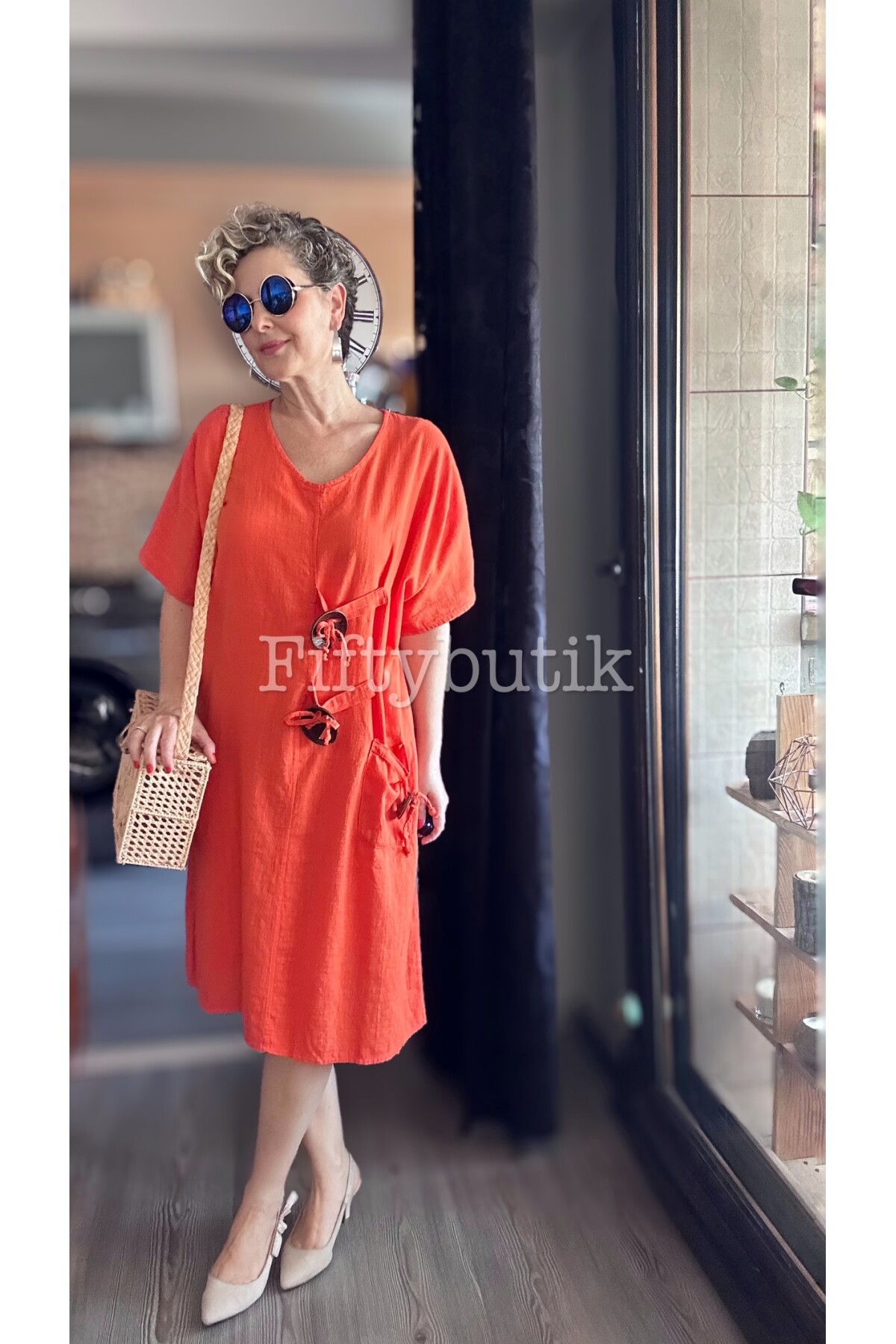 Sienta Tasarım Rustik İp Detay Elbise Turuncu