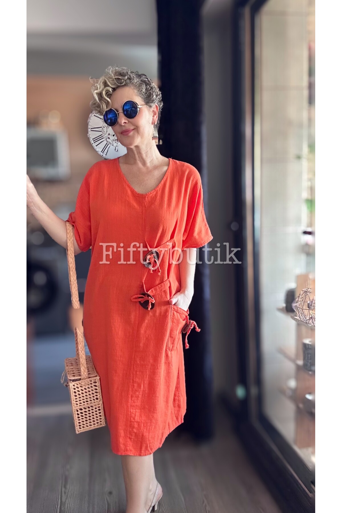 Sienta Tasarım Rustik İp Detay Elbise Turuncu