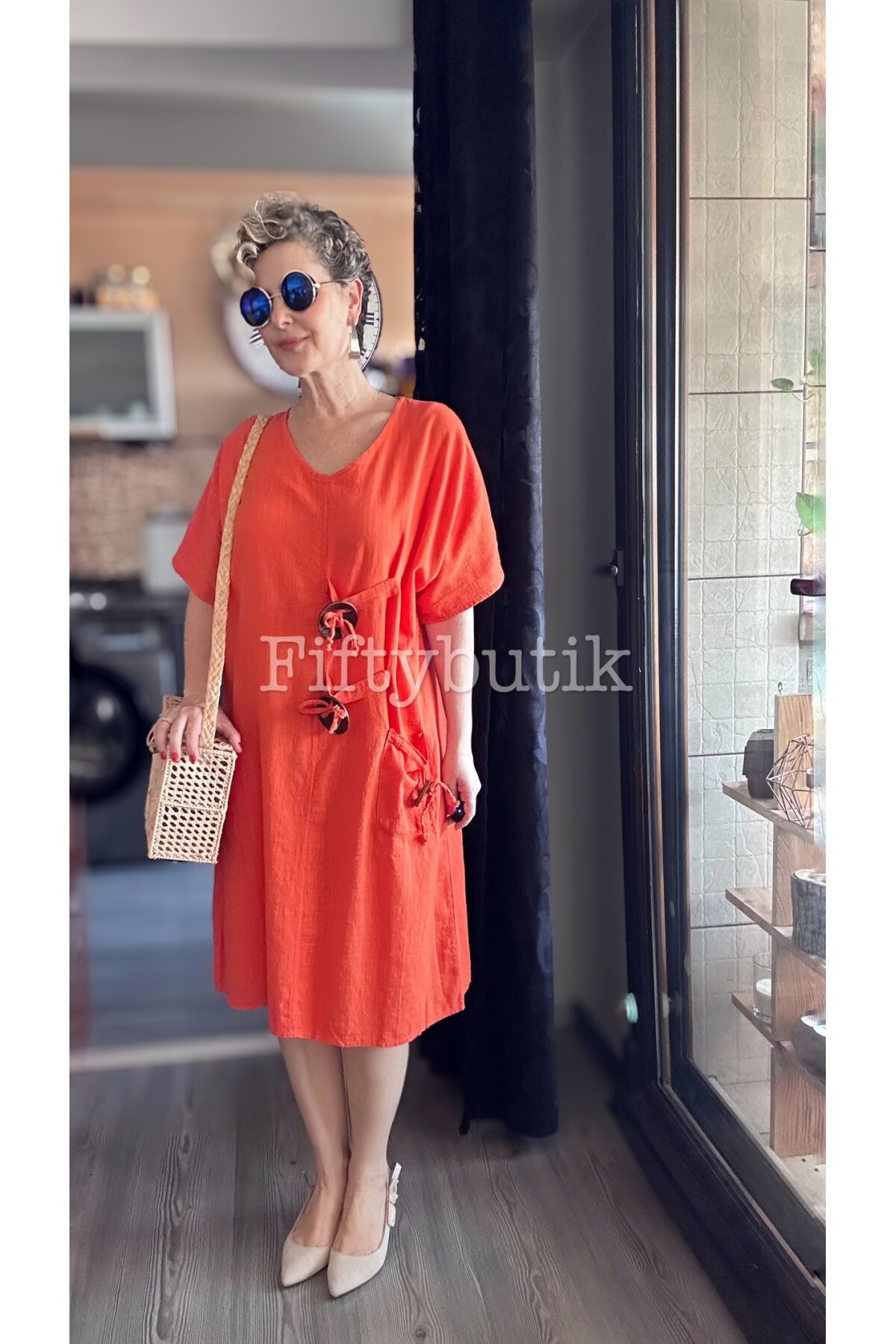 Sienta Tasarım Rustik İp Detay Elbise Turuncu