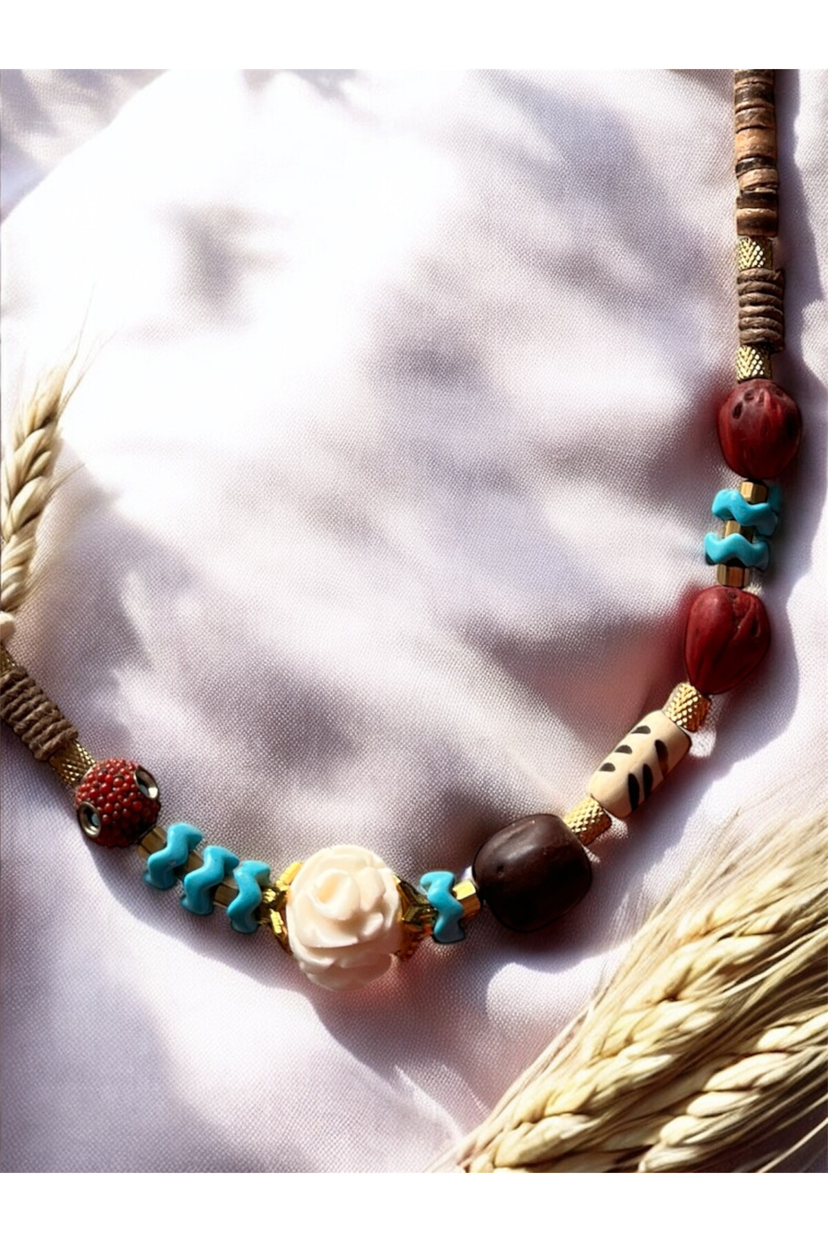 Suws Doğal Taş Pirinç Cam Etnik Kolye