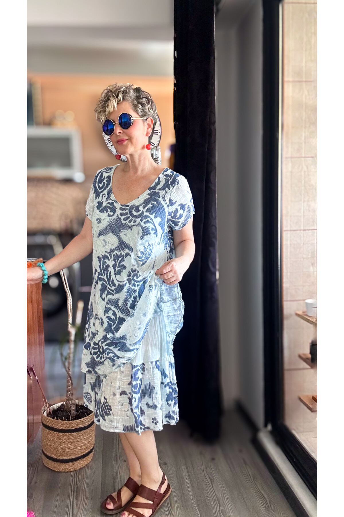 Tassi İtalyan Lotus Desenli Elbise Açık Mavi