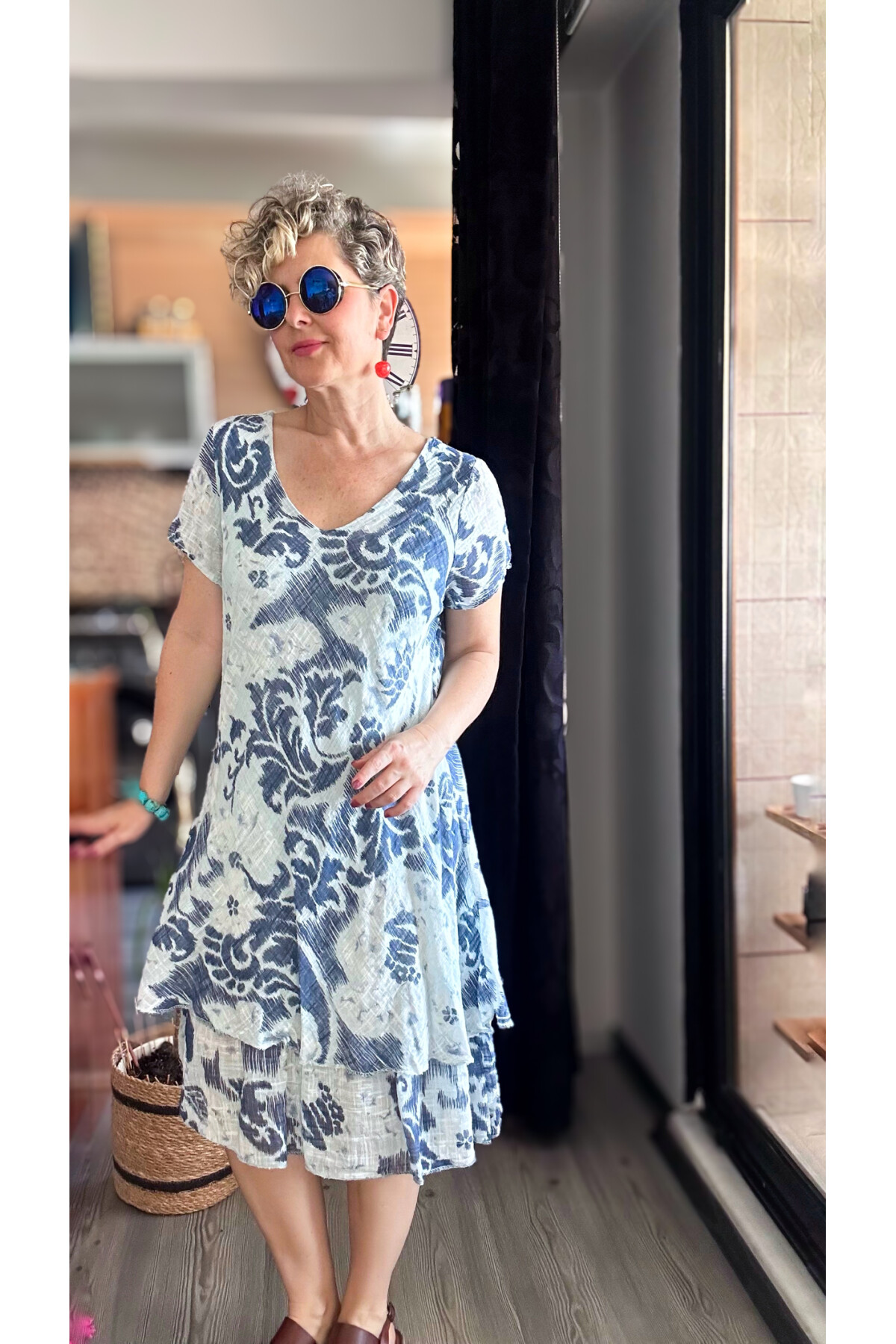 Tassi İtalyan Lotus Desenli Elbise Açık Mavi