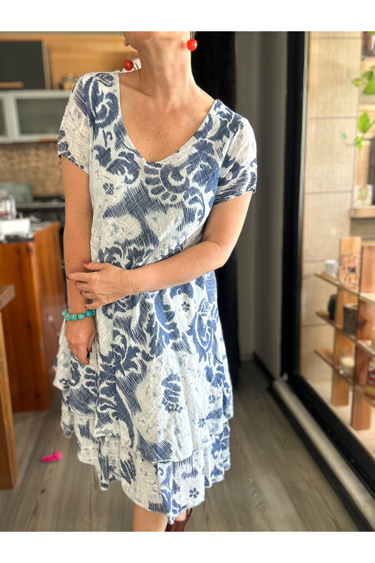 Tassi İtalyan Lotus Desenli Elbise Açık Mavi