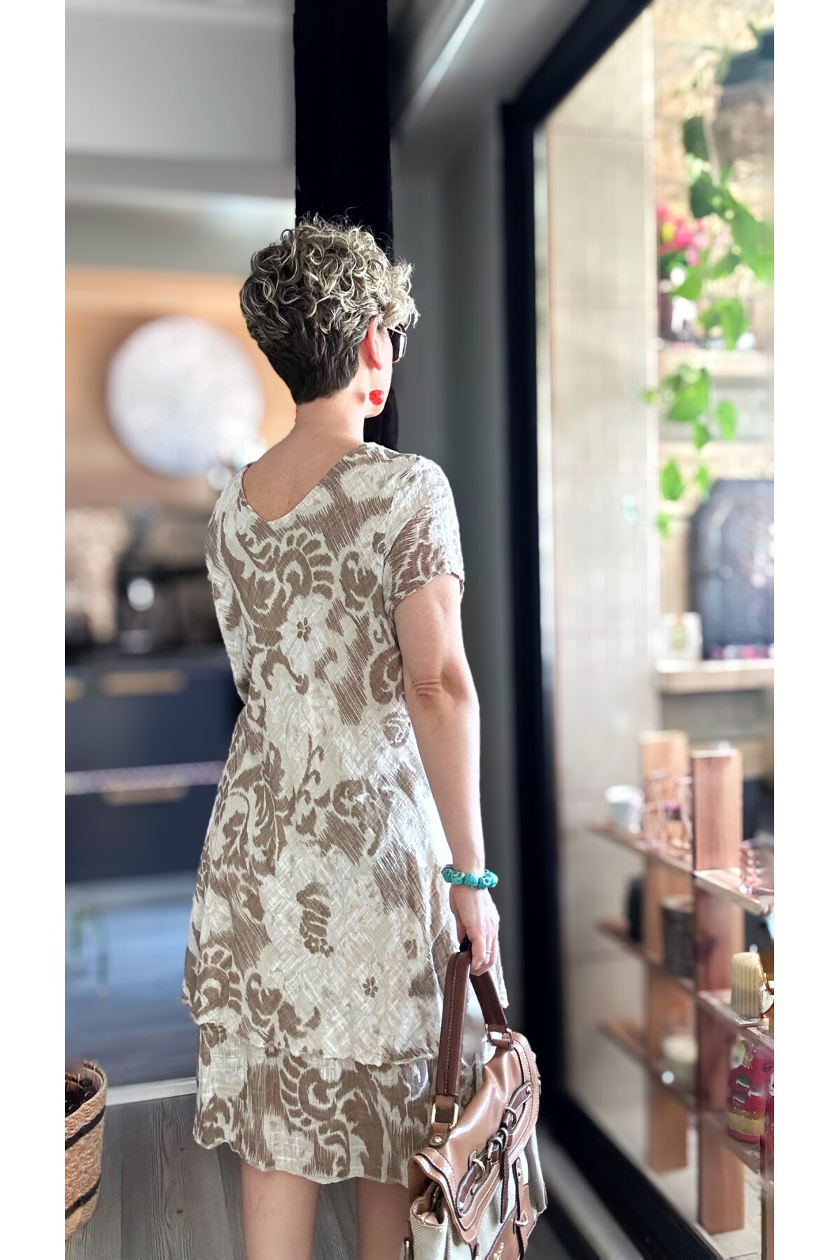 Tassi İtalyan Lotus Desenli Elbise Beige