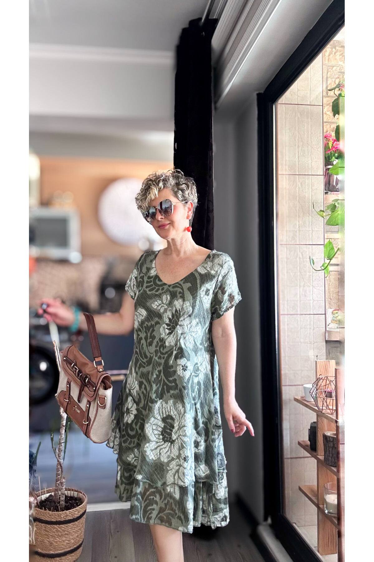 Tassi İtalyan Lotus Desenli Elbise Haki Yeşil