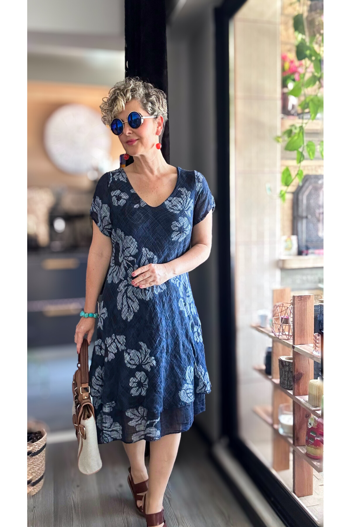 Tassi İtalyan Lotus Desenli Elbise Lacivert