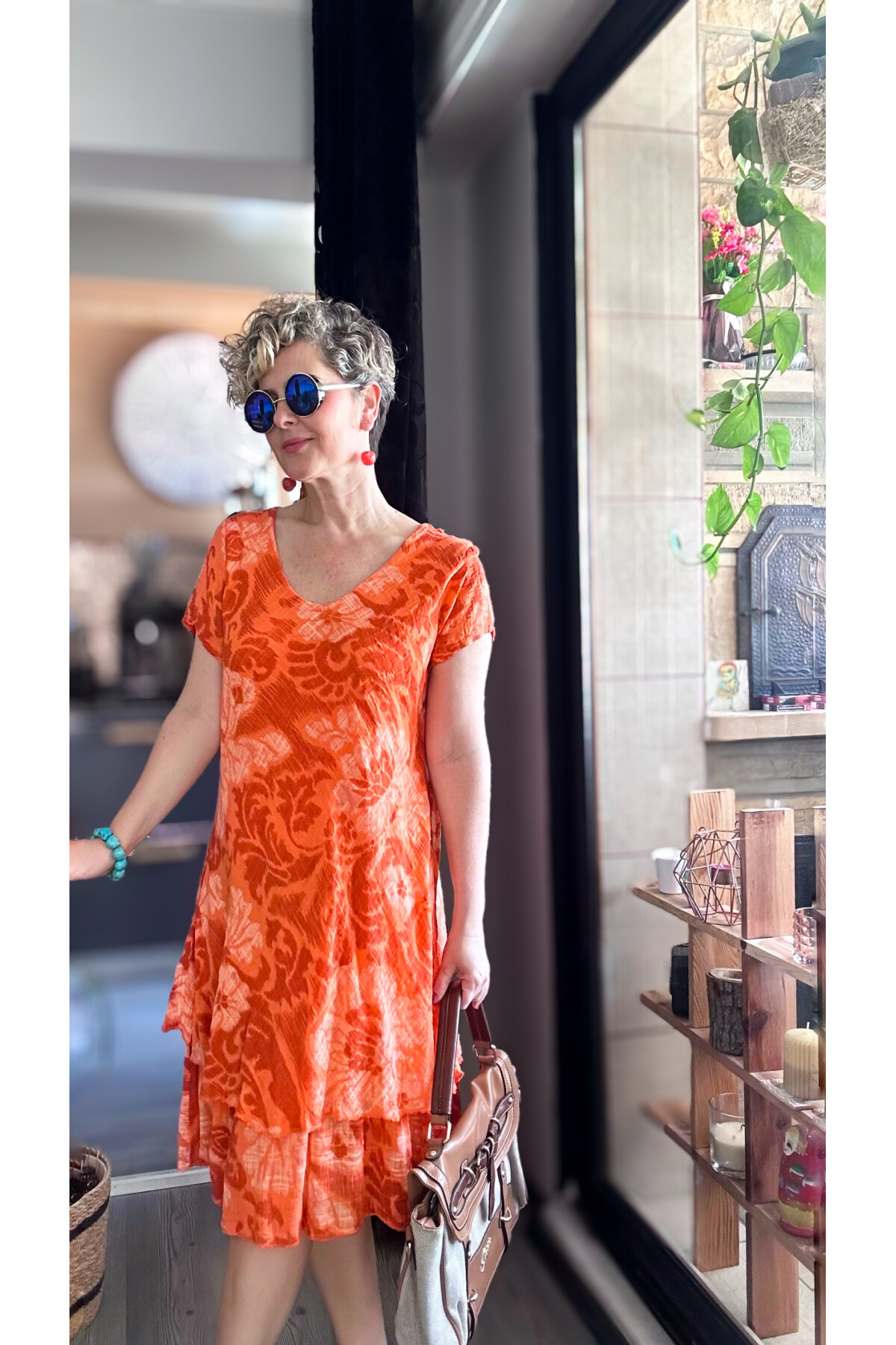 Tassi İtalyan Lotus Desenli Elbise Turuncu