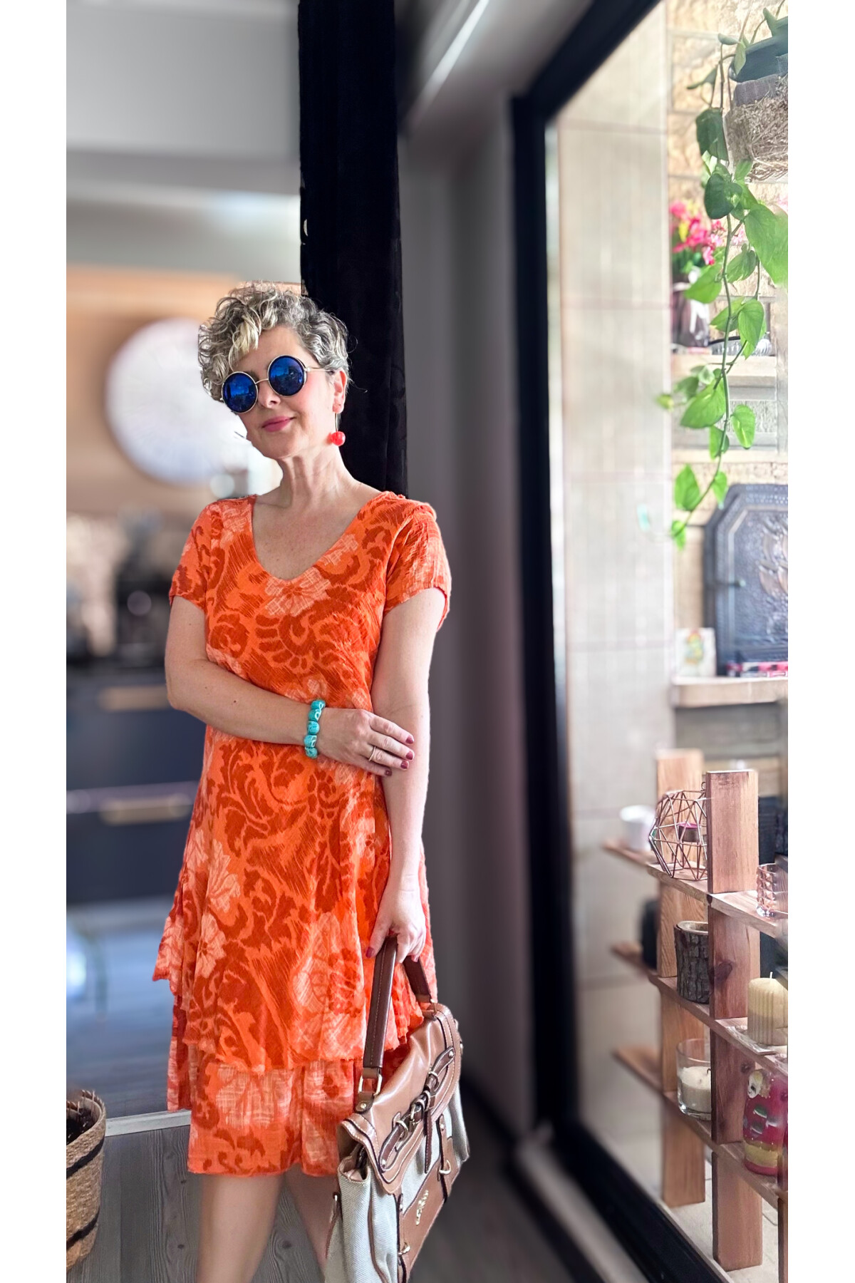 Tassi İtalyan Lotus Desenli Elbise Turuncu