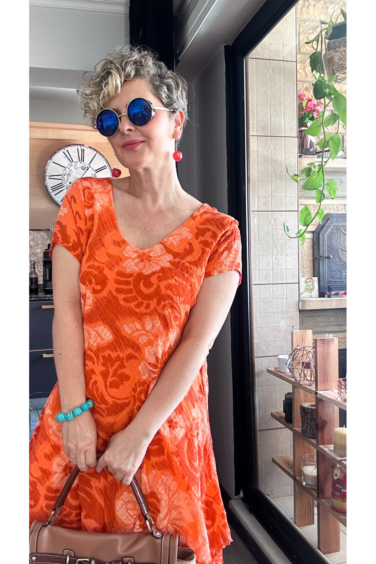 Tassi İtalyan Lotus Desenli Elbise Turuncu