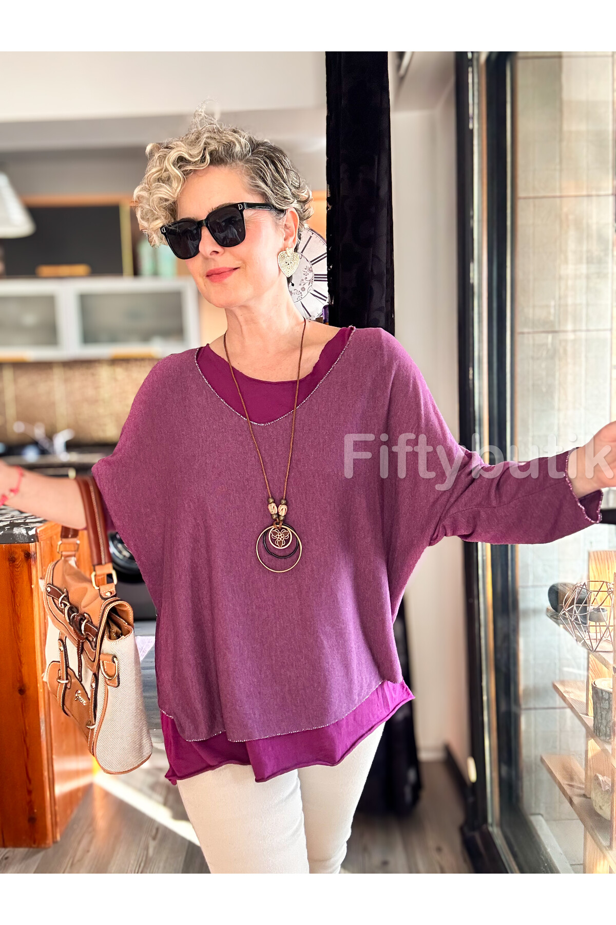 Terro İtalyan Düz Desen Kolyeli Bluz Mor