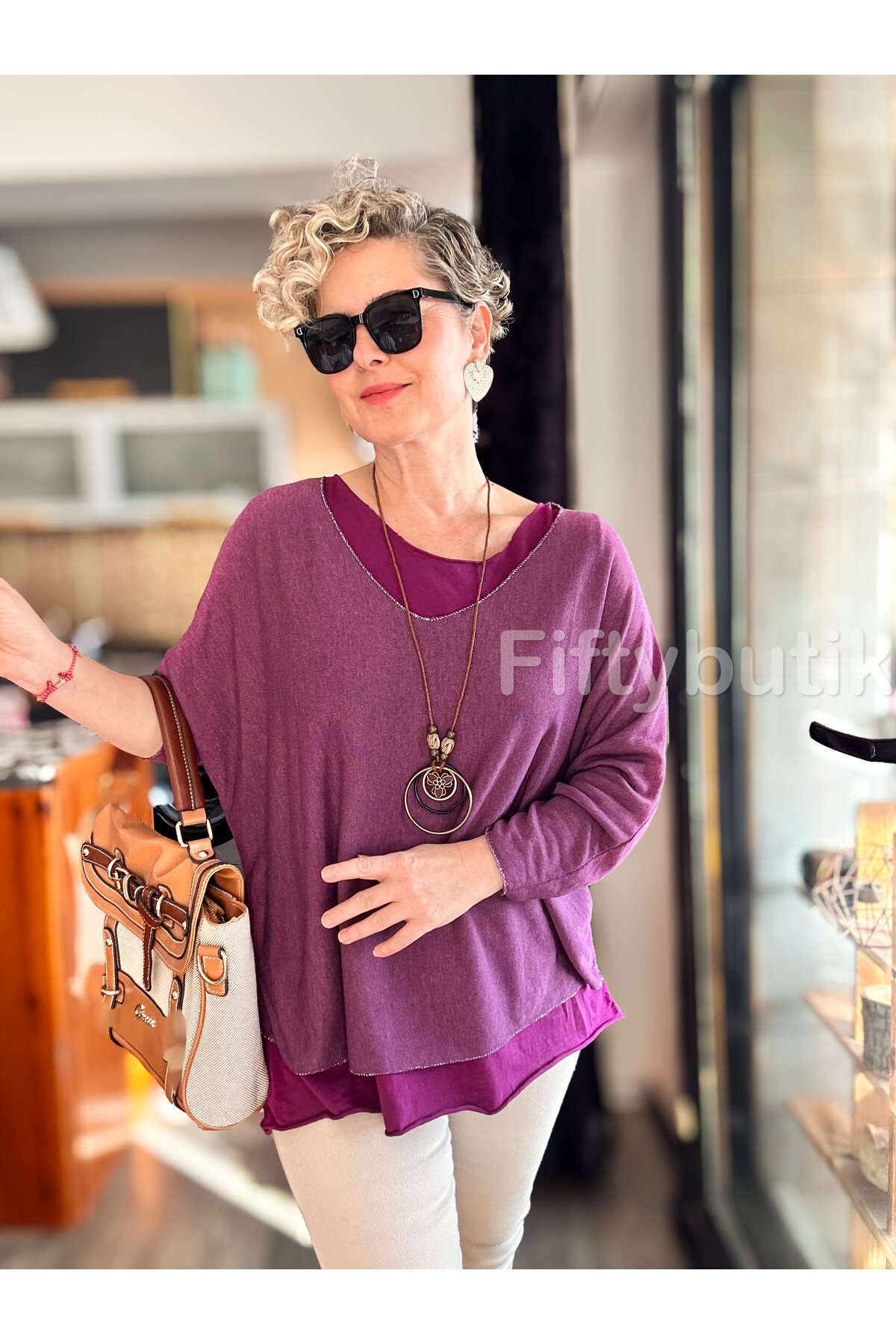 Terro İtalyan Düz Desen Kolyeli Bluz Mor