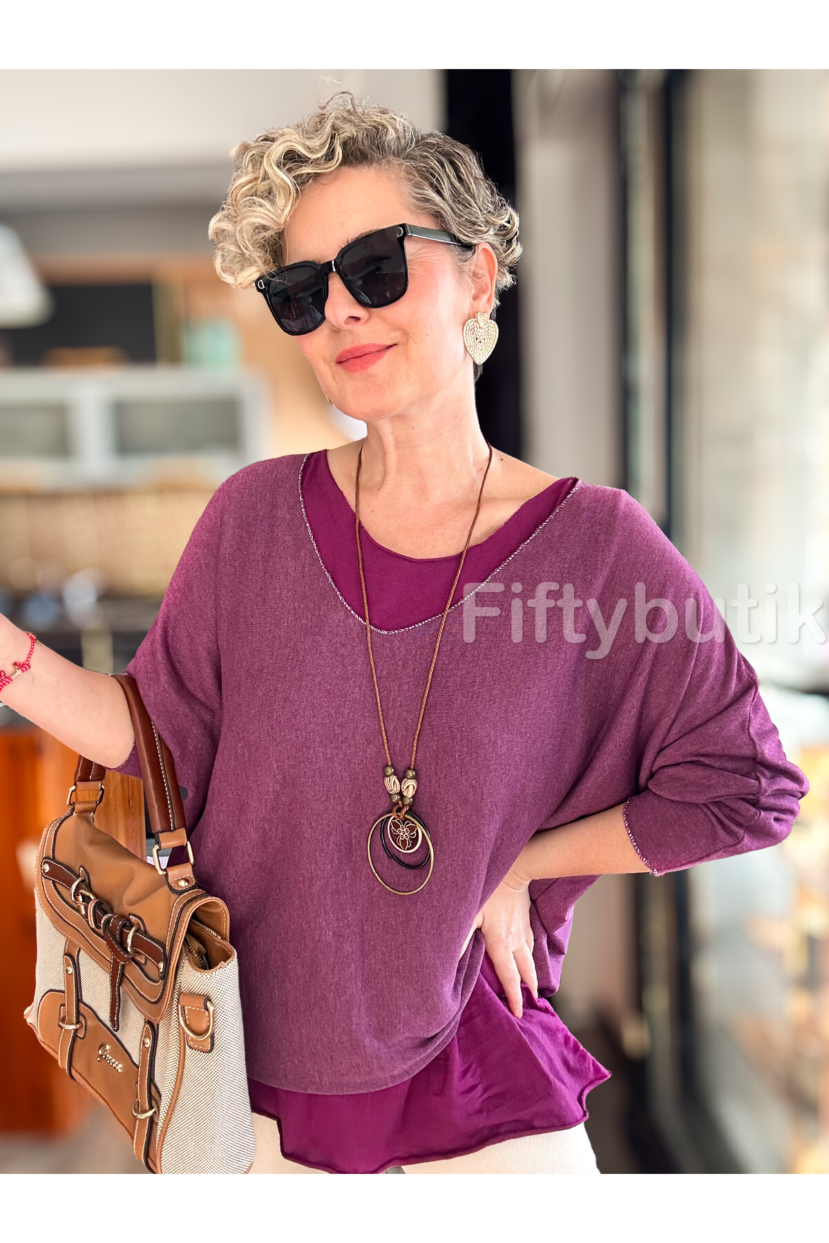 Terro İtalyan Düz Desen Kolyeli Bluz Mor