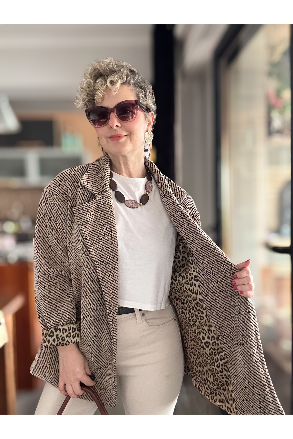 Tigre Çizgili Broşlu Leopar Astarlı Ceket Cafe Creme