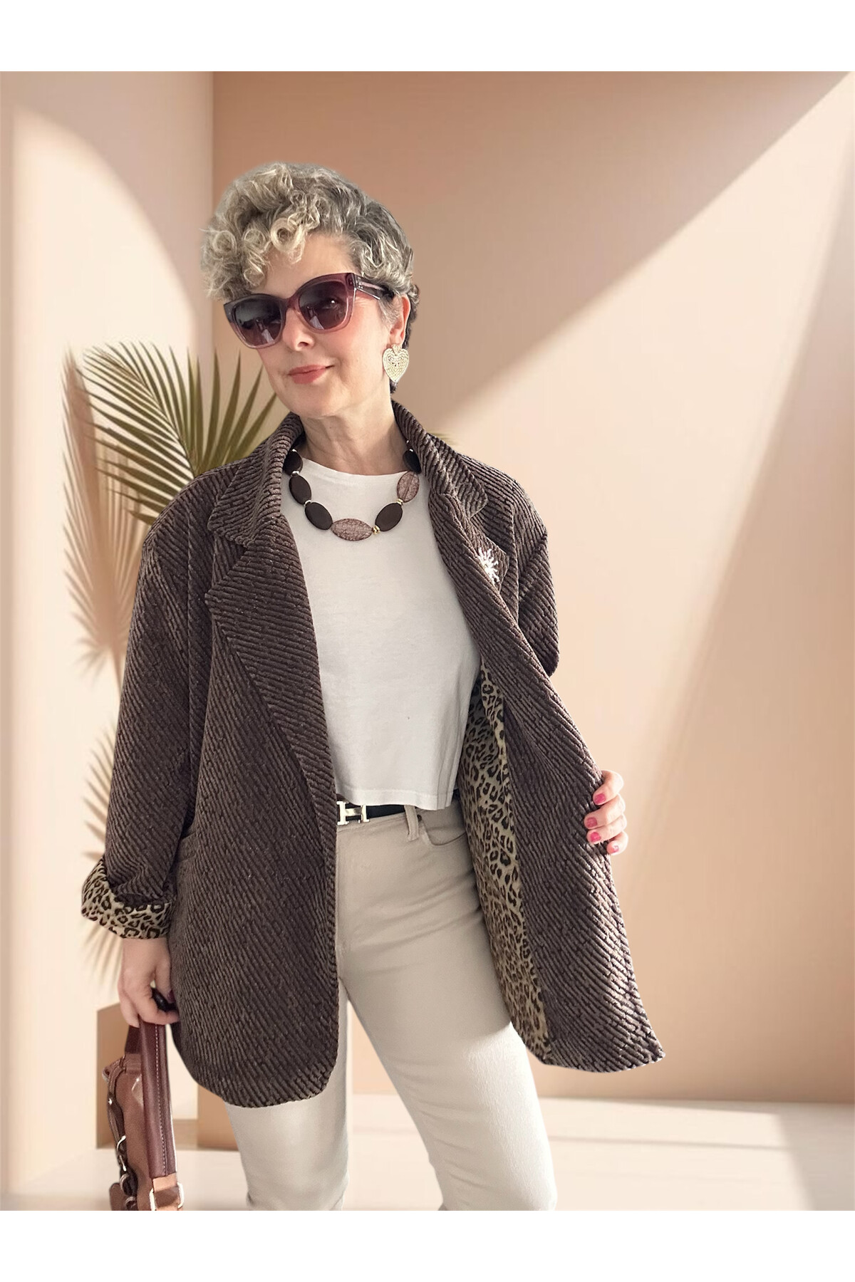 Tigre Çizgili Broşlu Leopar Astarlı Ceket Kahverengi