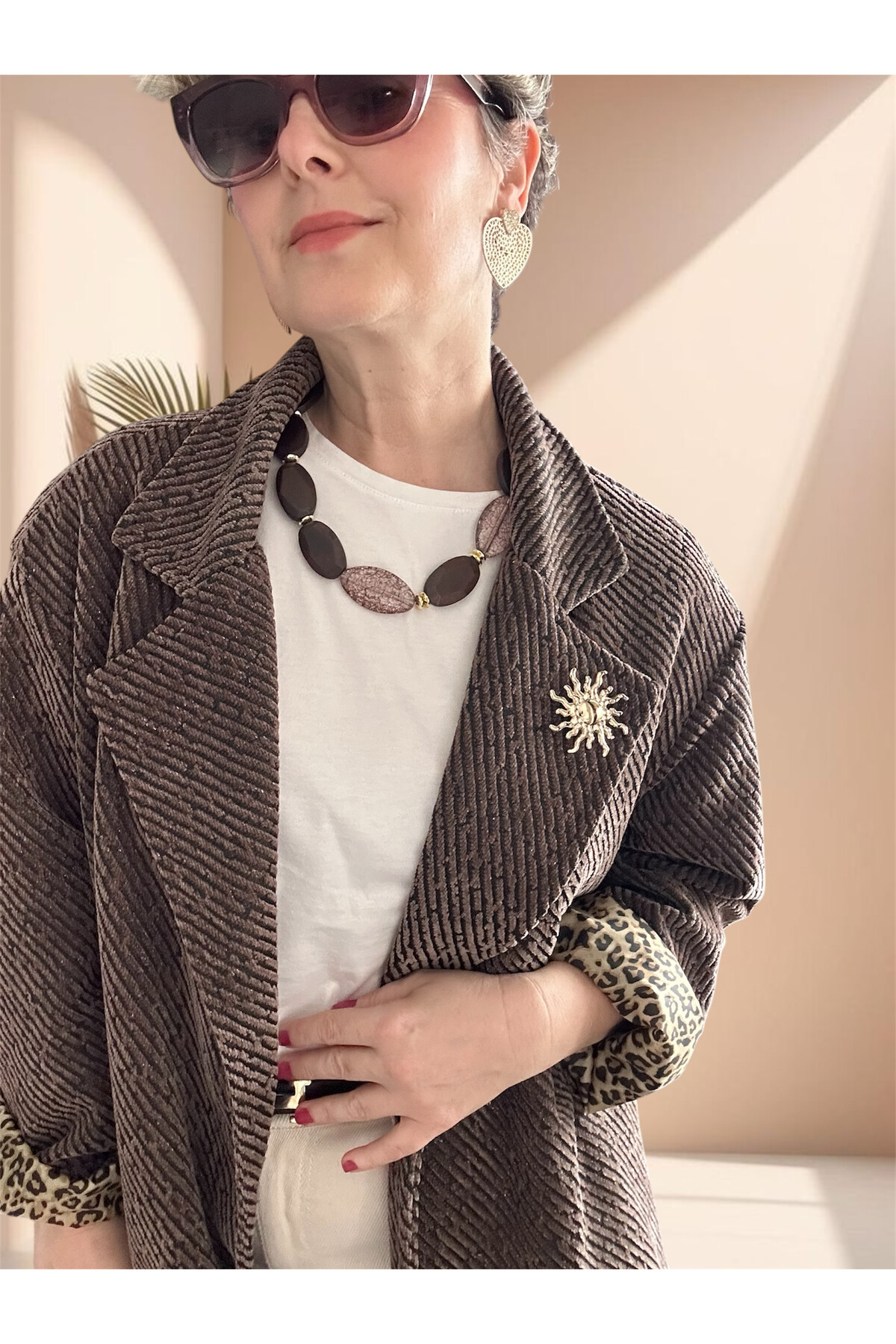 Tigre Çizgili Broşlu Leopar Astarlı Ceket Kahverengi