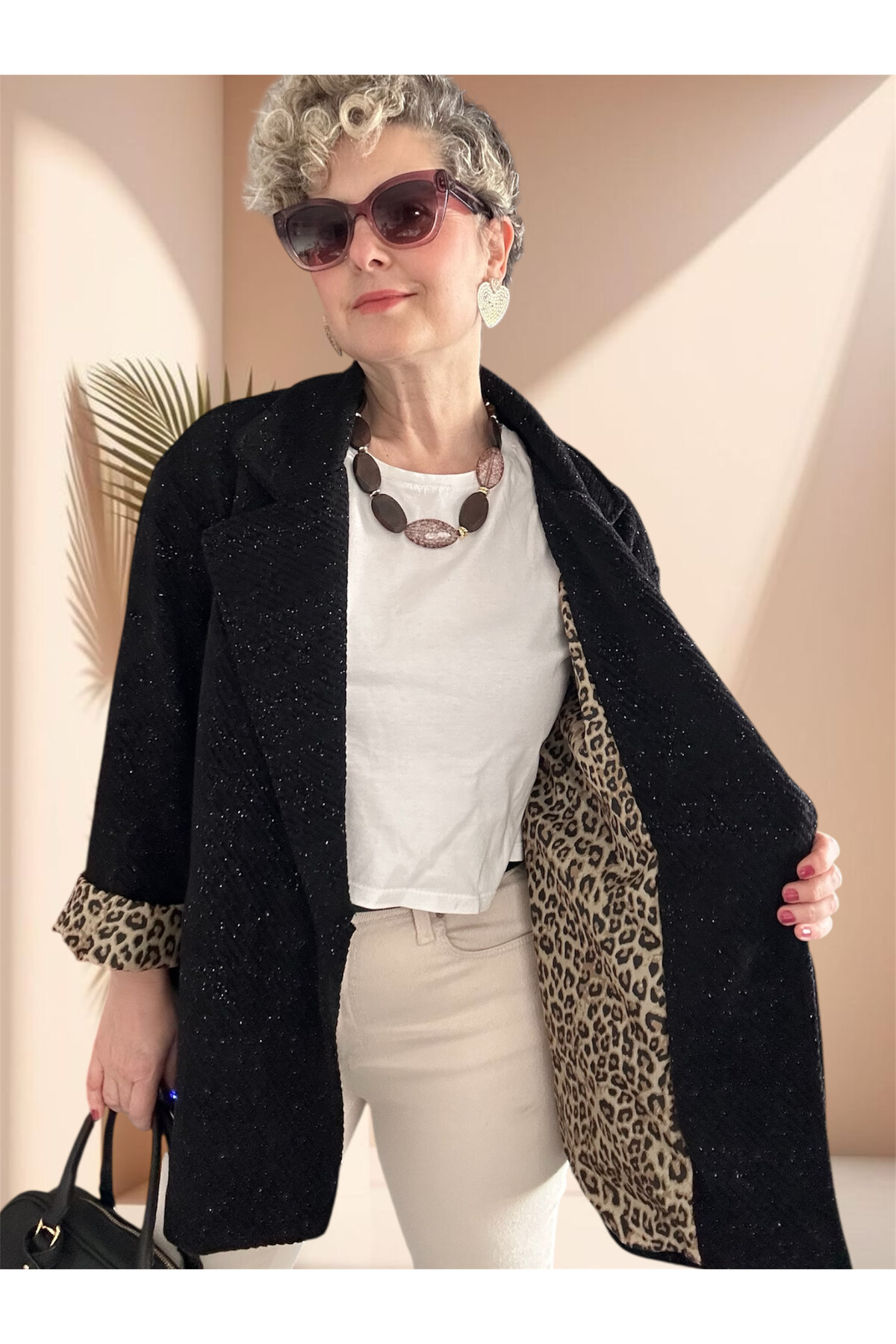 Tigre Çizgili Broşlu Leopar Astarlı Ceket Siyah