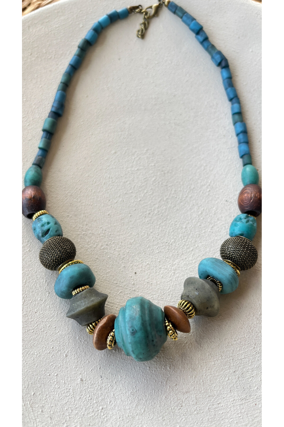 Twinkle Pirinç Cam Etnik Kolye Turkuaz