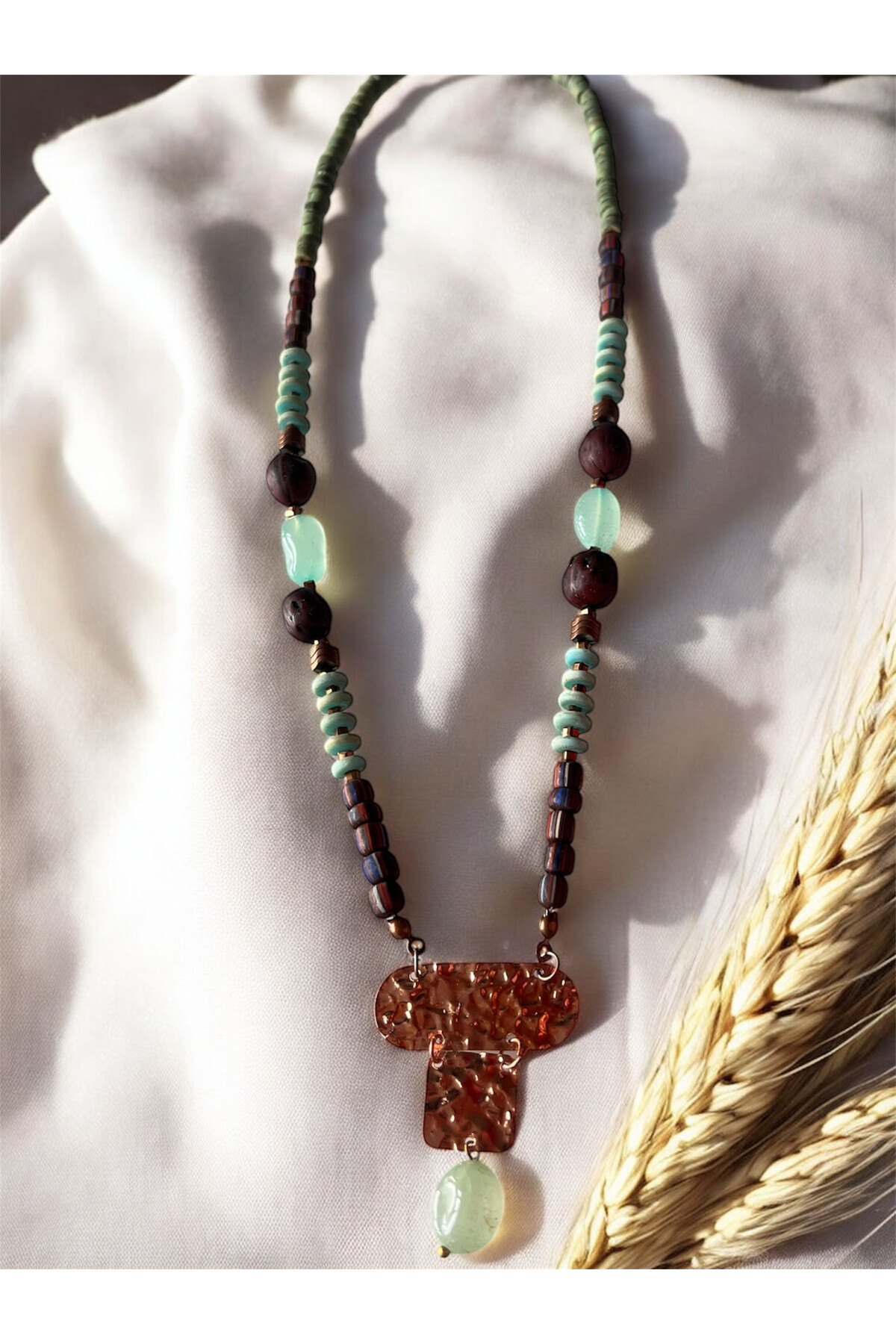 Uress Doğal Taş Pirinç Cam Etnik Kolye