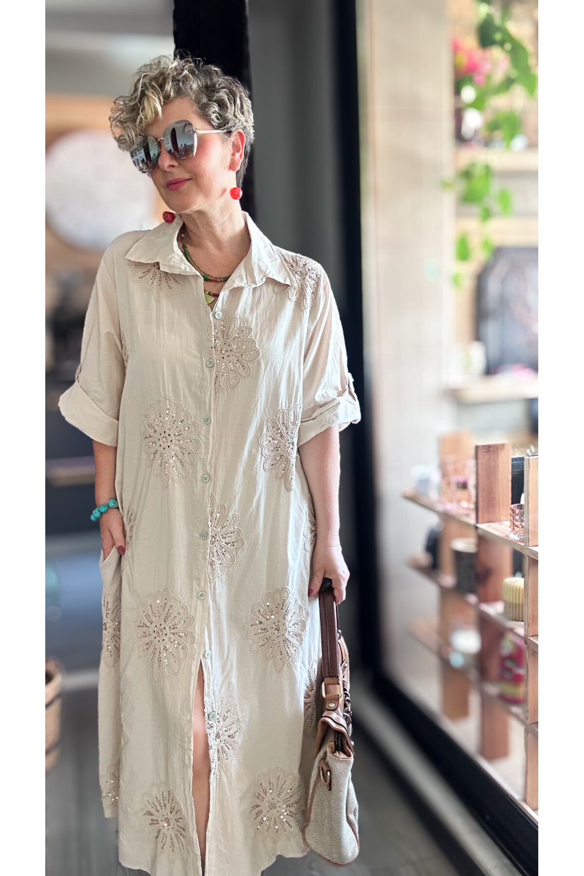 Vello İtalyan Pul Detaylı Gömlek  Elbise Kap Beige