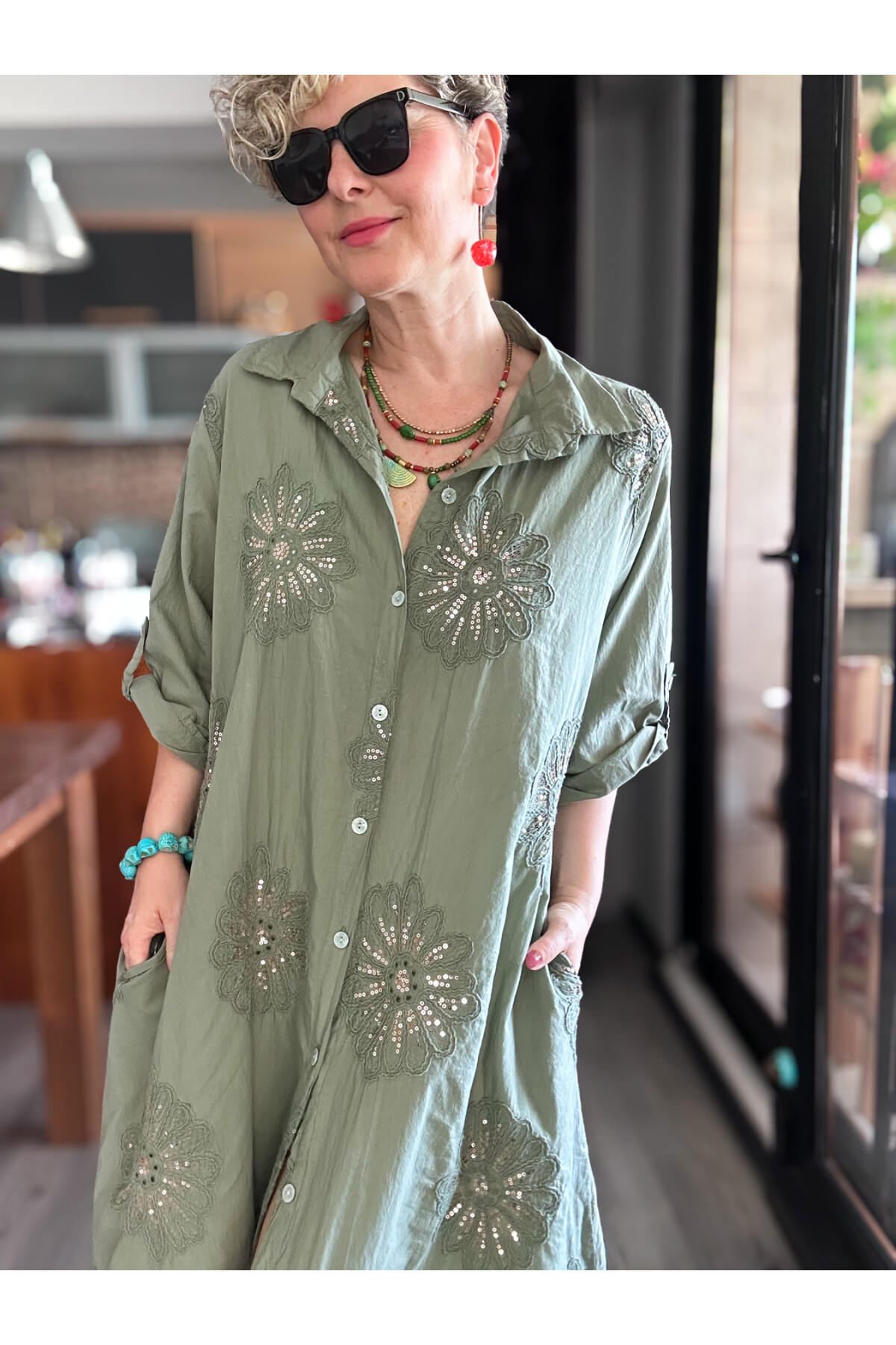 Vello İtalyan Pul Detaylı Gömlek  Elbise Kap Haki Yeşil