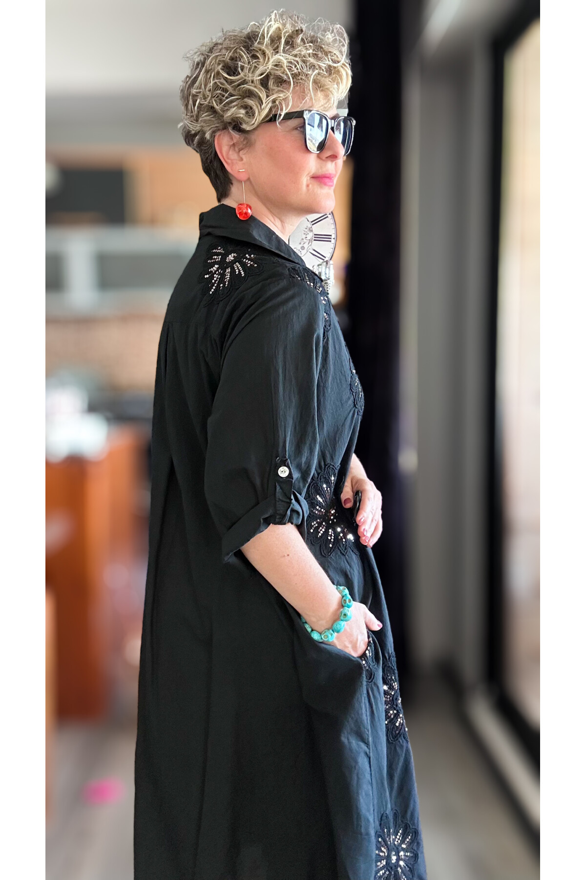 Vello İtalyan Pul Detaylı Gömlek  Elbise Kap Siyah