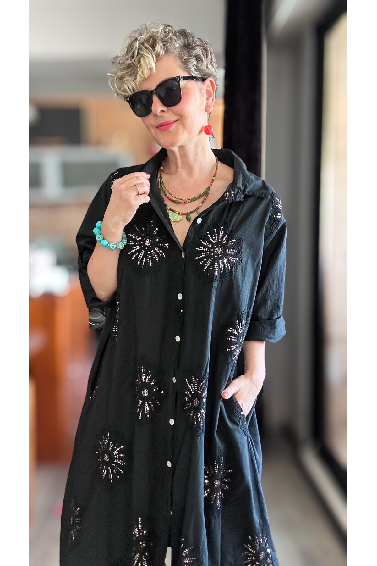 Vello İtalyan Pul Detaylı Gömlek  Elbise Kap Siyah