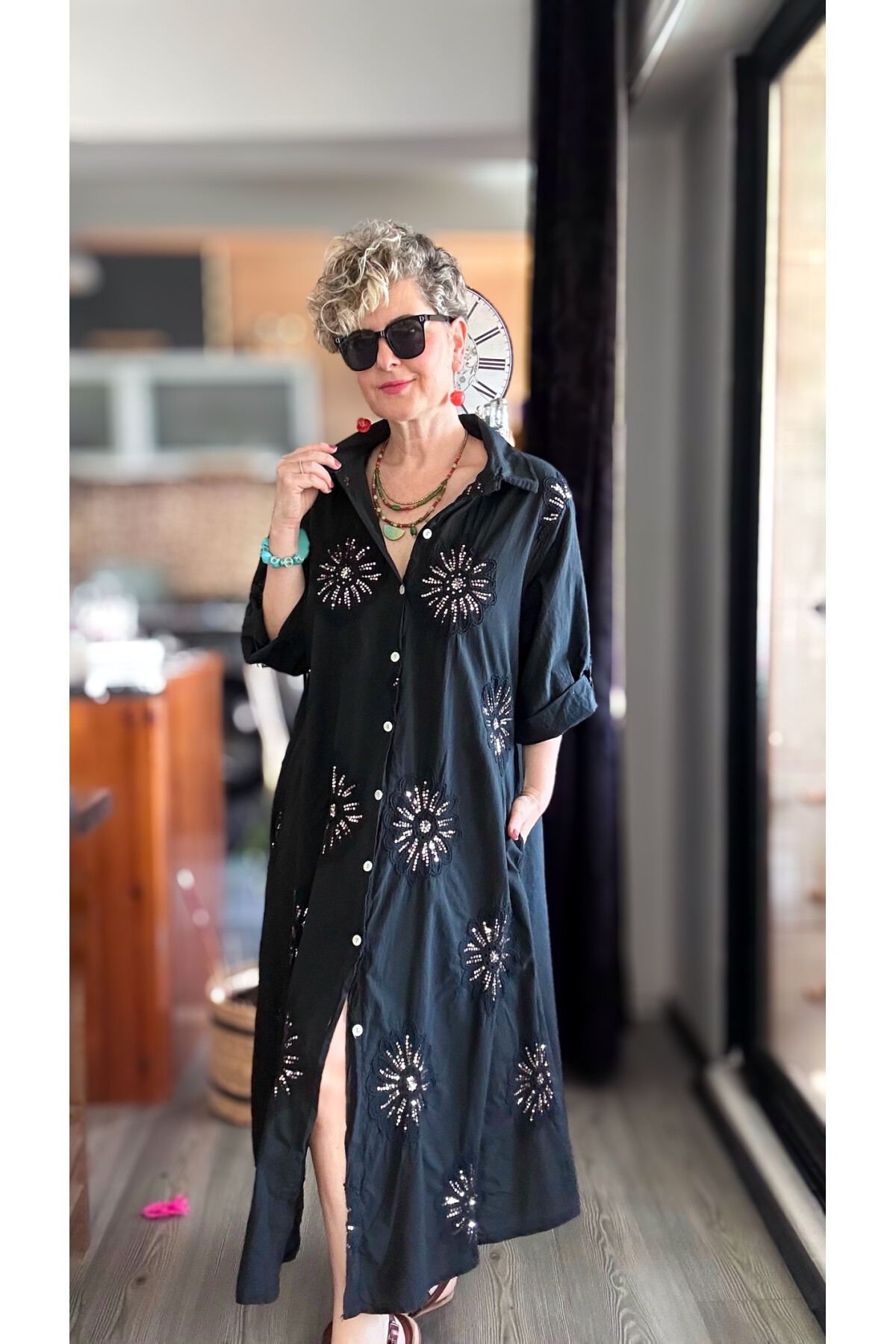 Vello İtalyan Pul Detaylı Gömlek  Elbise Kap Siyah