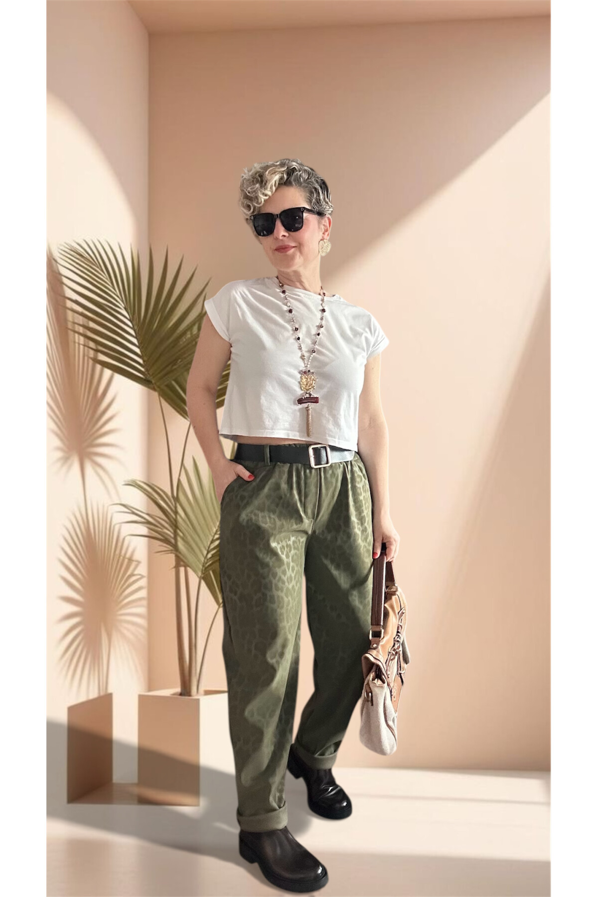 Vento İthal Leopar Desen Deri Görünüm Pantolon Haki