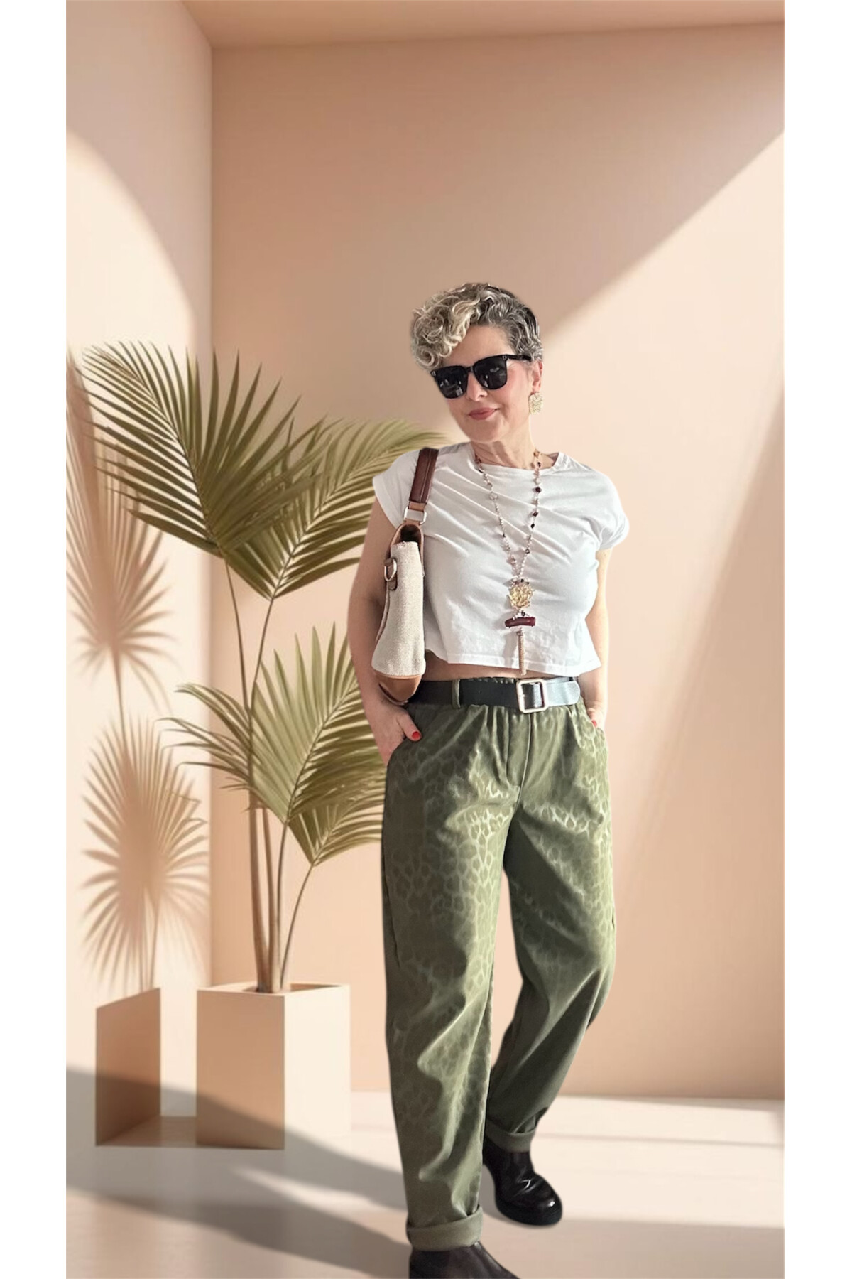 Vento İthal Leopar Desen Deri Görünüm Pantolon Haki