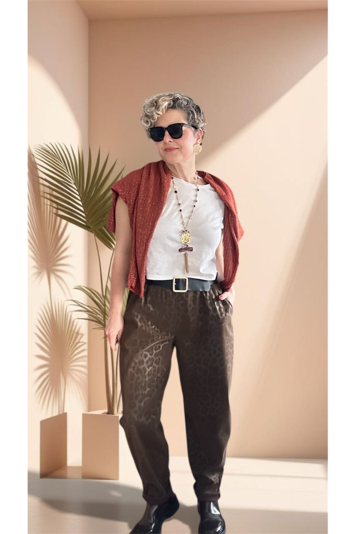 Vento İthal Leopar Desen Deri Görünüm Pantolon Kahve