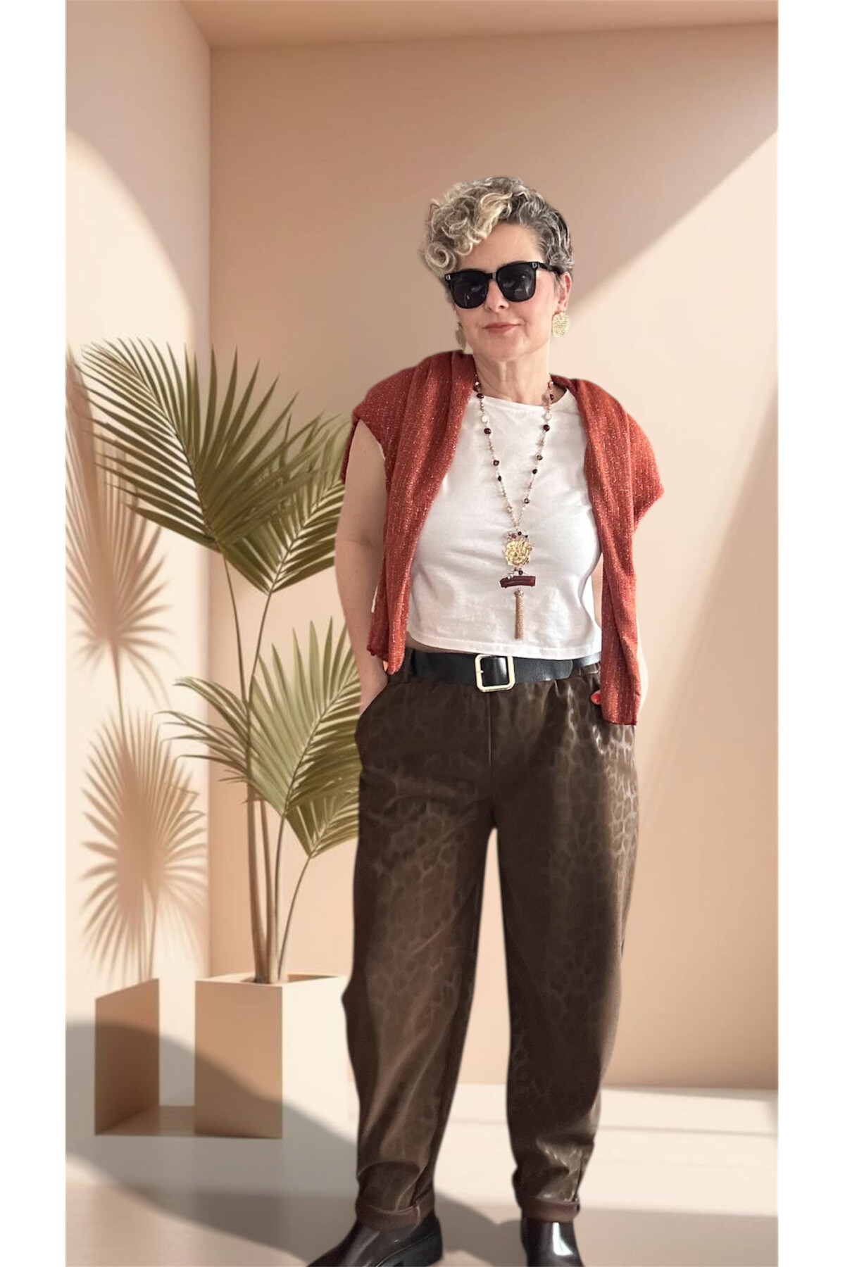 Vento İthal Leopar Desen Deri Görünüm Pantolon Kahve