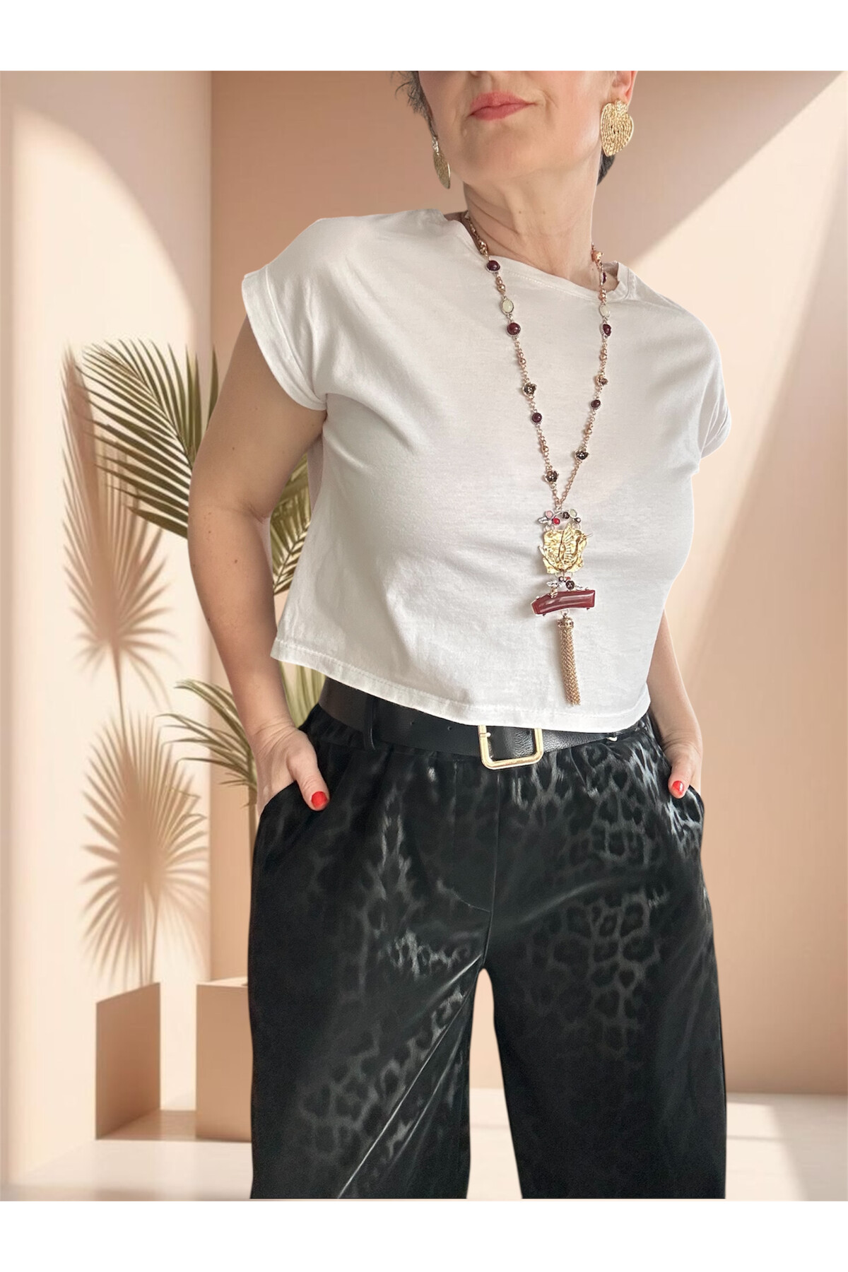 Vento İthal Leopar Desen Deri Görünüm Pantolon Siyah