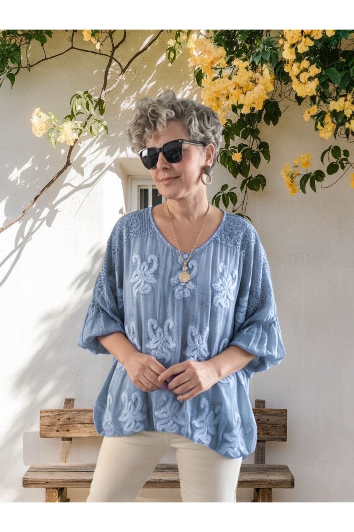 Vessa İtalyan Seri Nakışlı Premium İpek Bluz Mavi