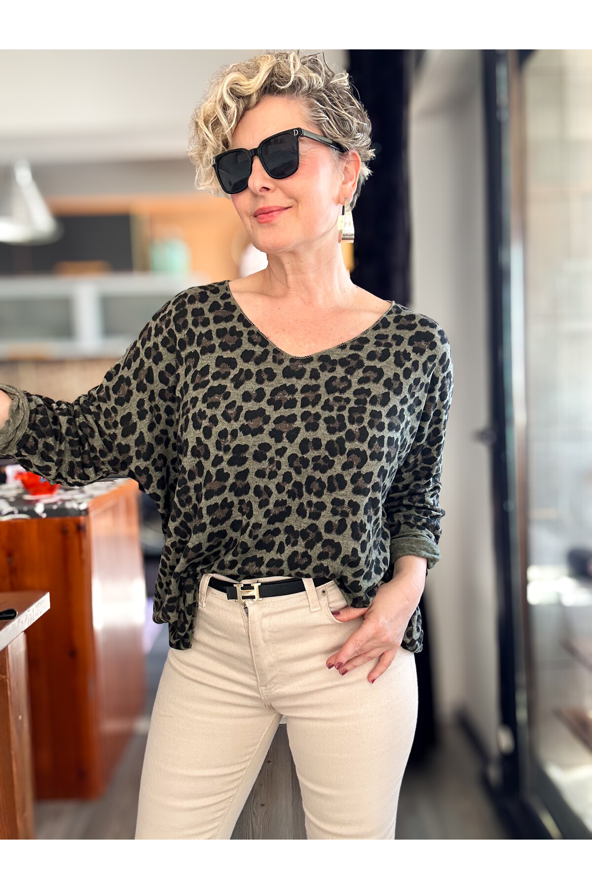 Virgin İtalyan V Yaka Desenli Triko Haki