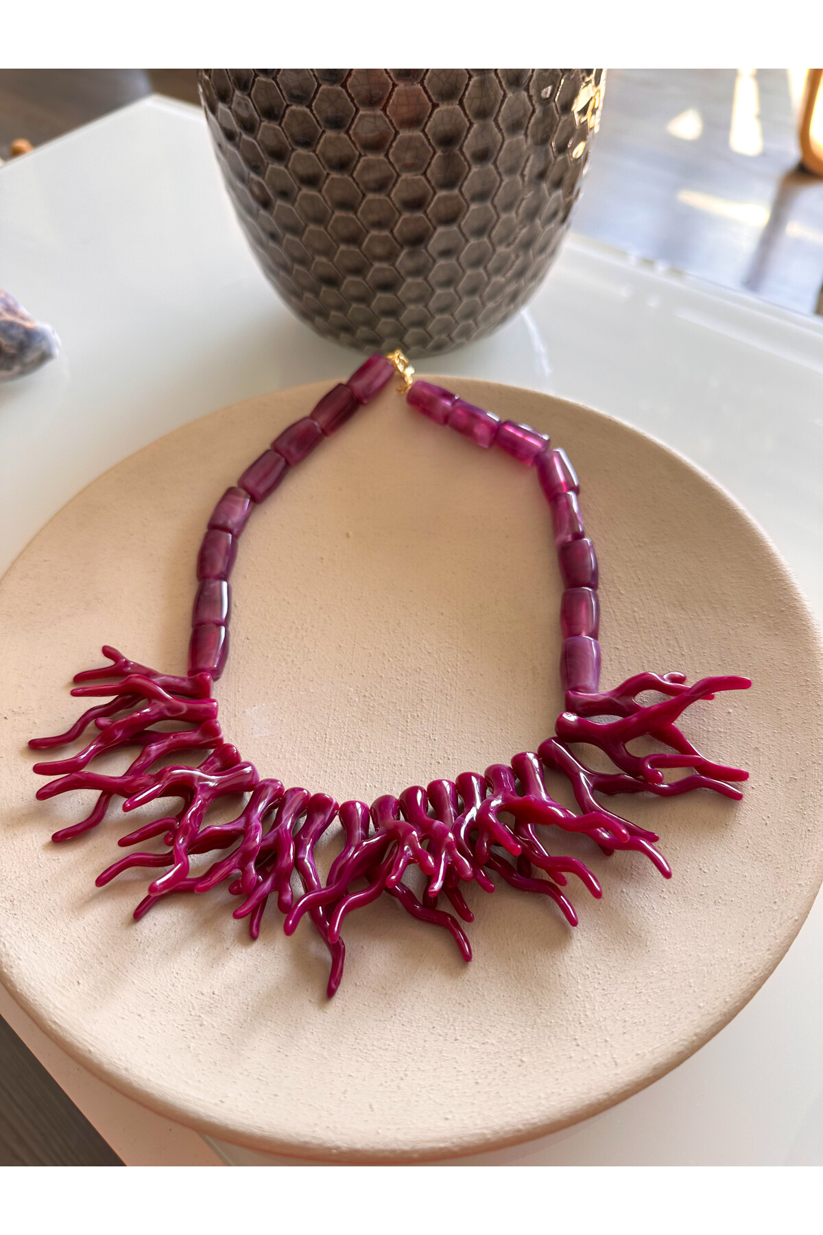 Zeyra Akrilik Mercan Desen Kolye Mürdüm