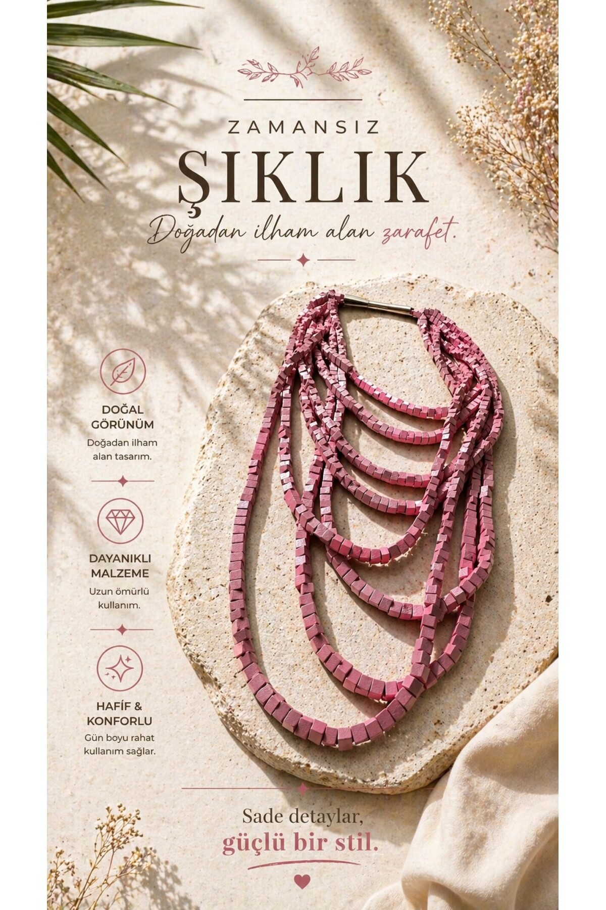 Açık Pembe Tahta Otantik Sekiz Sıra Kolye