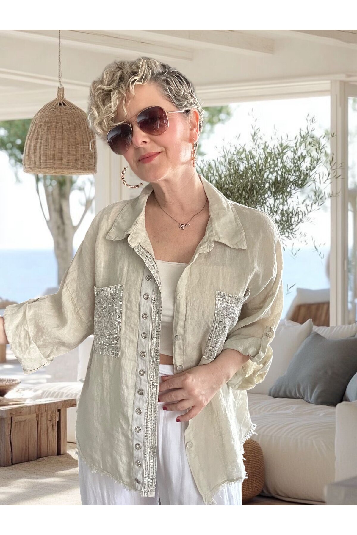 Afro  İtalyan Vip Pul Payet Detay Gömlek Ceket Beige