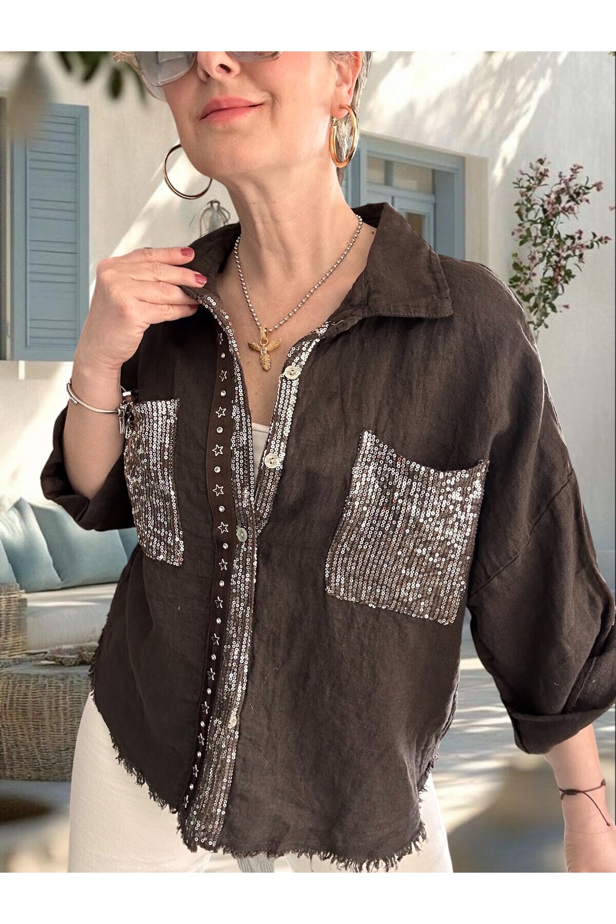 Afro  İtalyan Vip Pul Payet Detay Gömlek Ceket Kahve