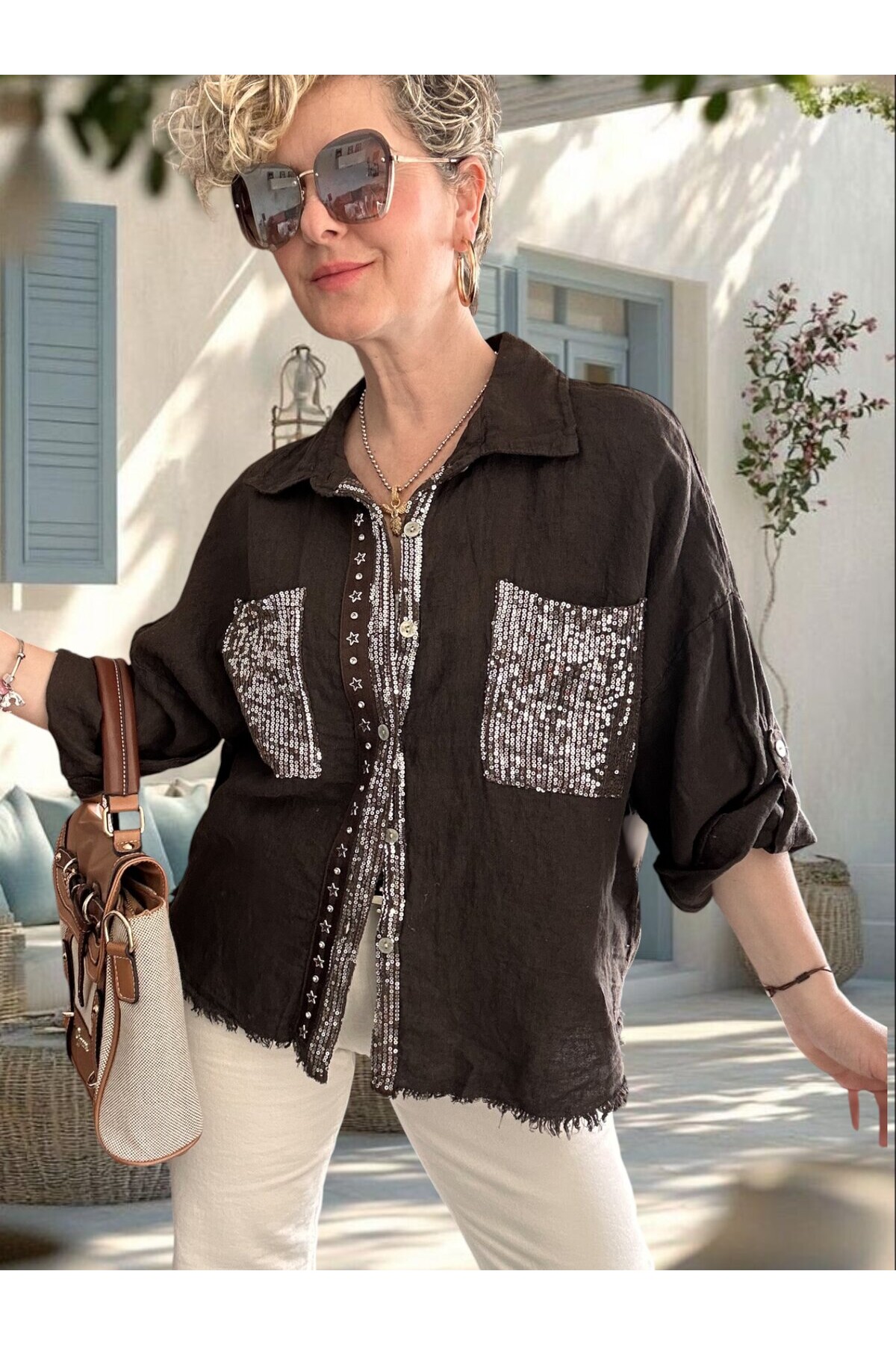 Afro  İtalyan Vip Pul Payet Detay Gömlek Ceket Kahve