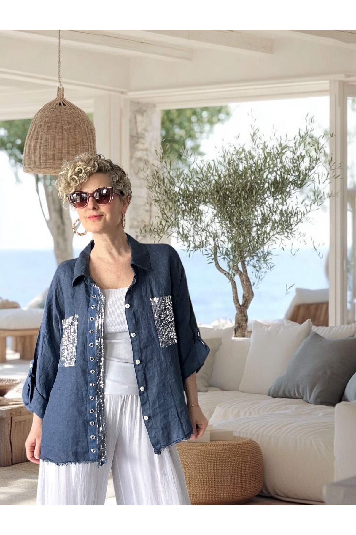 Afro  İtalyan Vip Pul Payet Detay Gömlek Ceket Lacivert