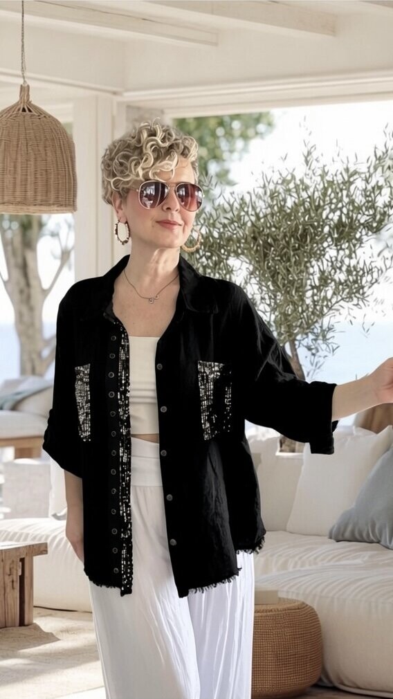 Afro  İtalyan Vip Pul Payet Detay Gömlek Ceket Siyah