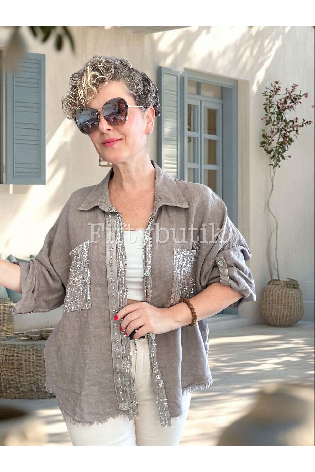 Afro  İtalyan Vip Pul Payet Detay Gömlek Ceket Vizon