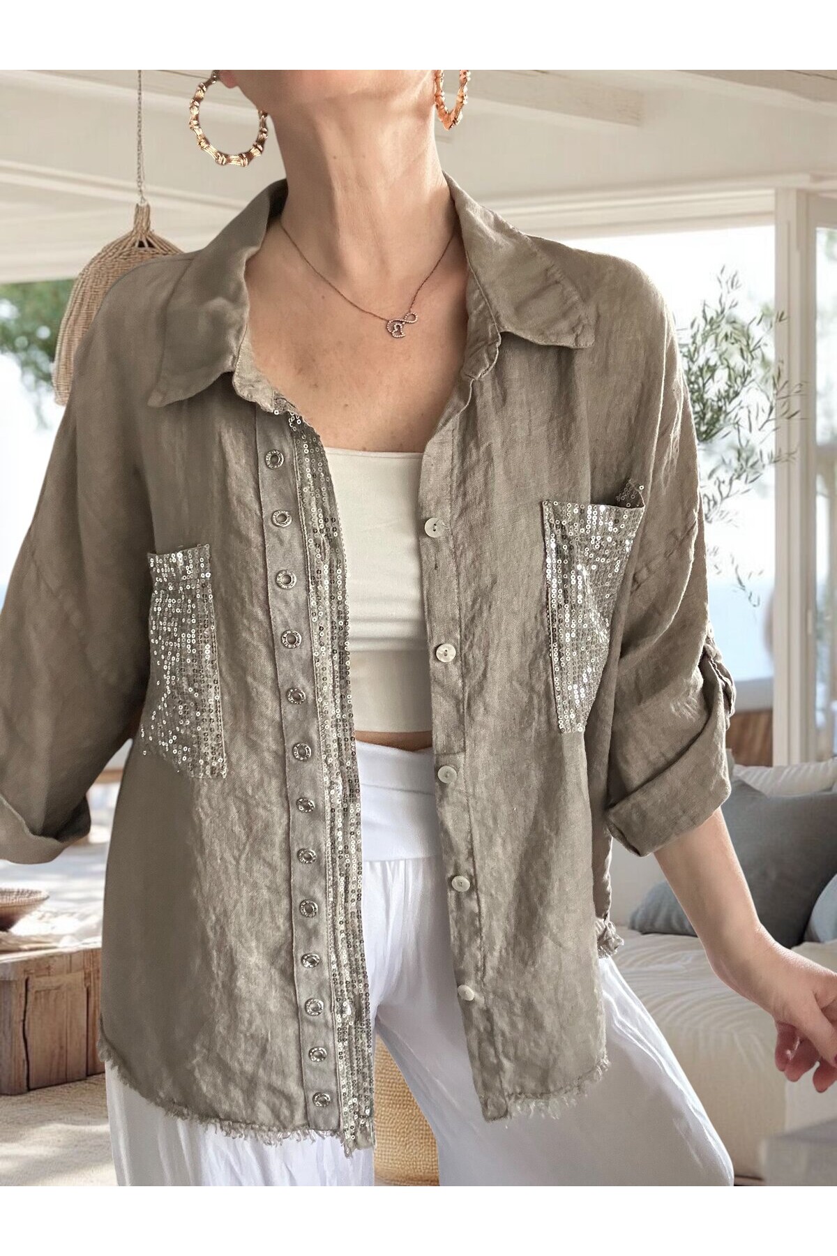 Afro  İtalyan Vip Pul Payet Detay Gömlek Ceket Vizon