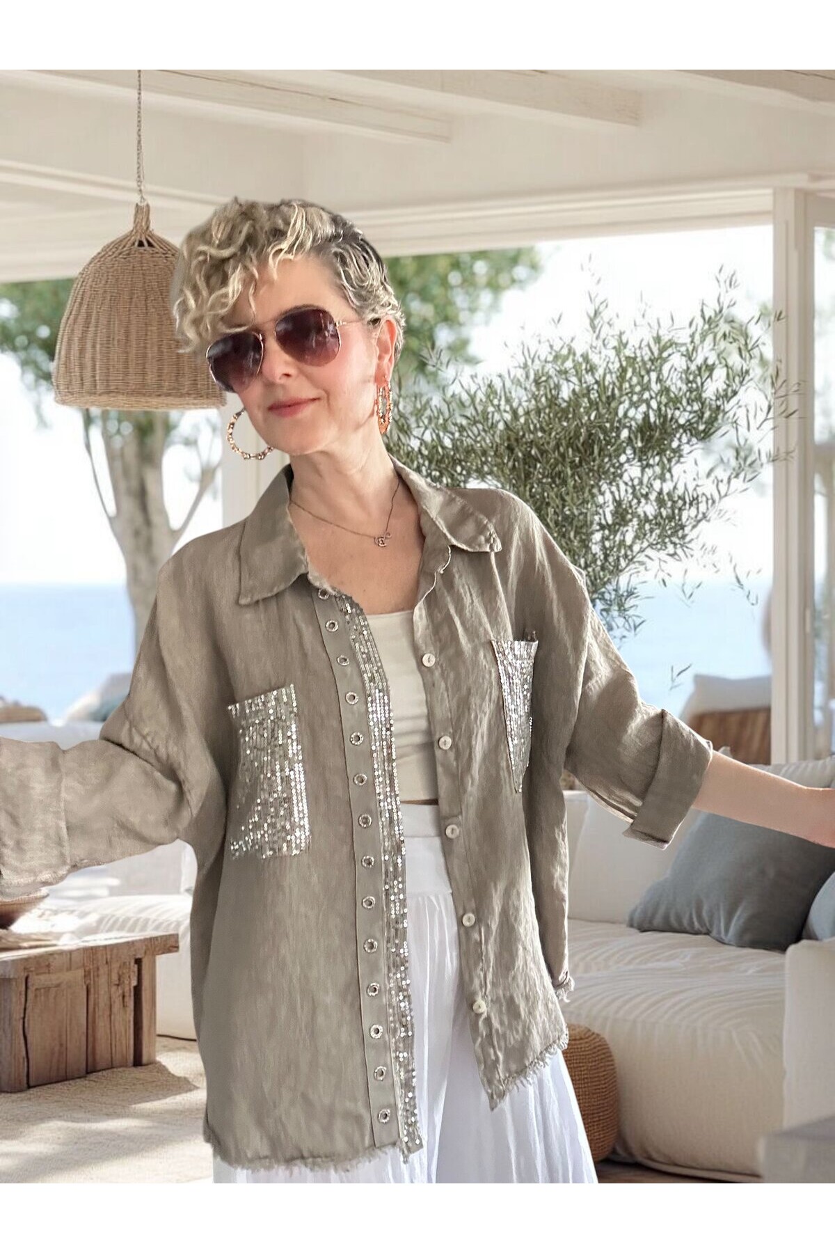 Afro  İtalyan Vip Pul Payet Detay Gömlek Ceket Vizon