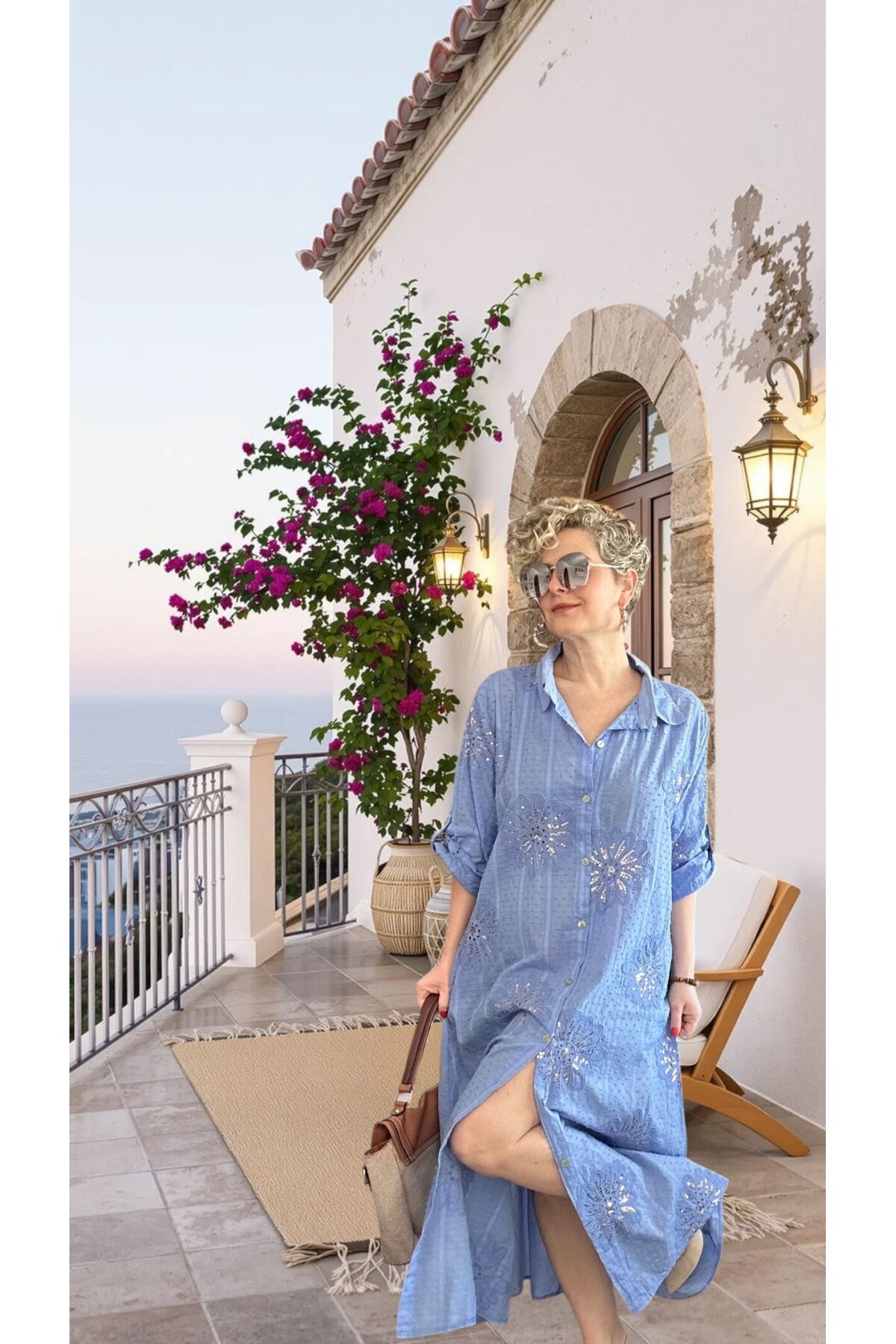 Alba Artizan Doku İtalyan Pul Detaylı Gömlek  Elbise Kap İmperial Mavi