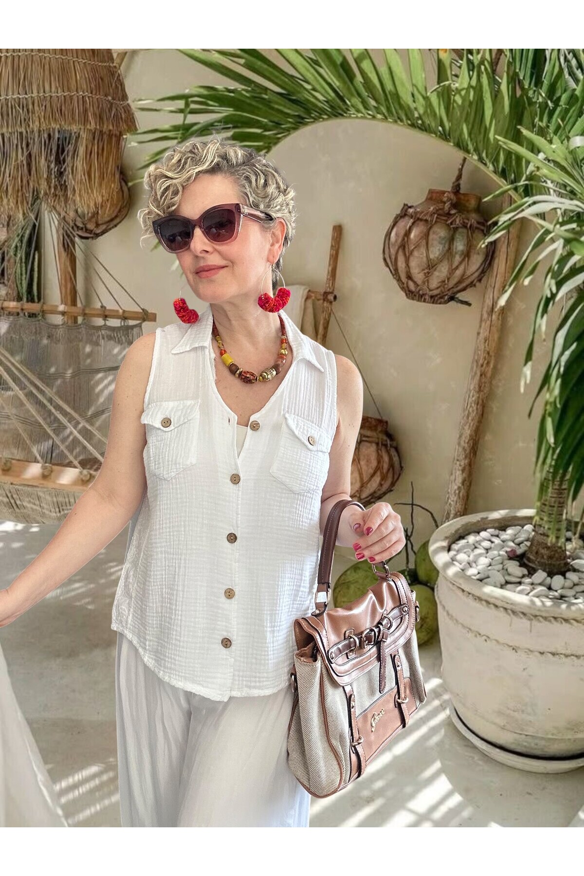 Bellas Artizan Tasarım V Yaka Düğmeli Yelek Beyaz