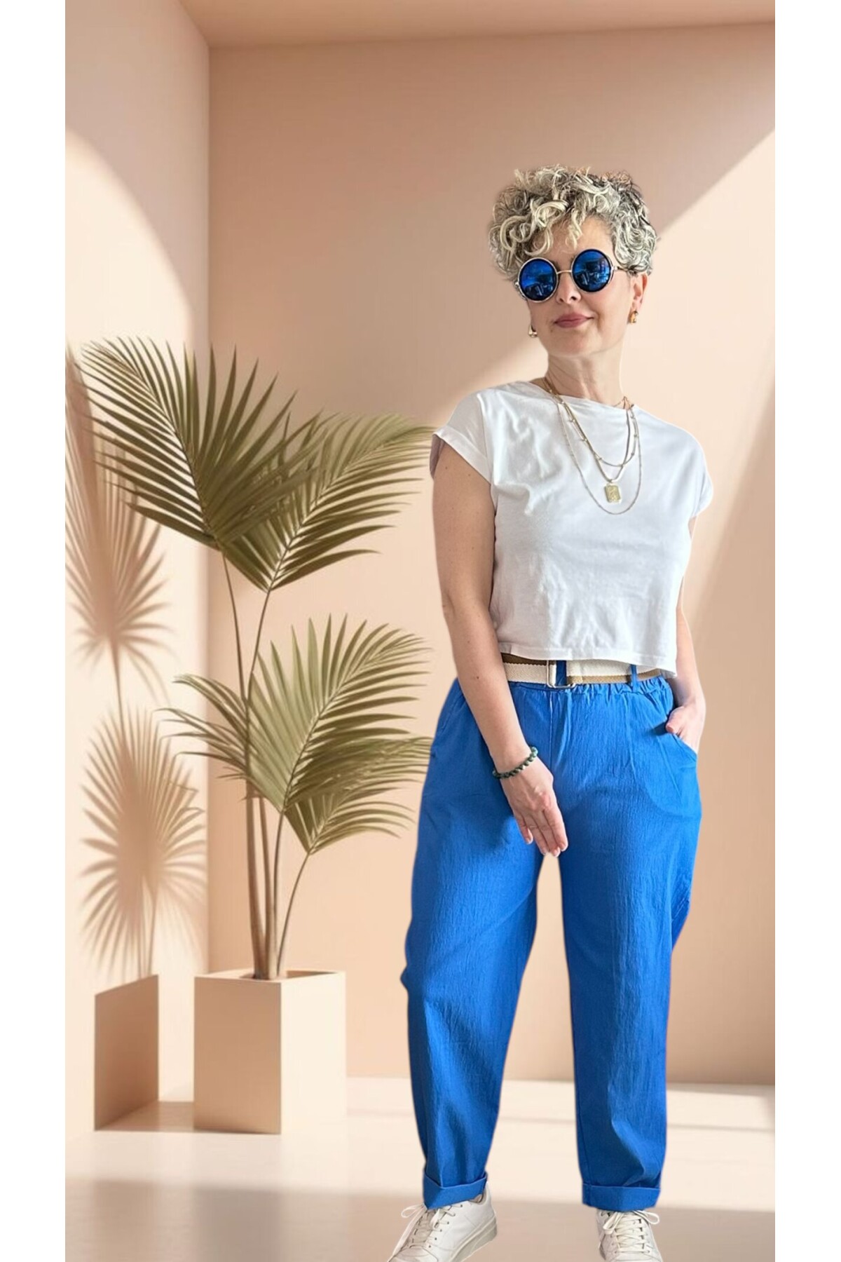 Betty İtalyan Balon Kemerli Pantolon Saks Royal