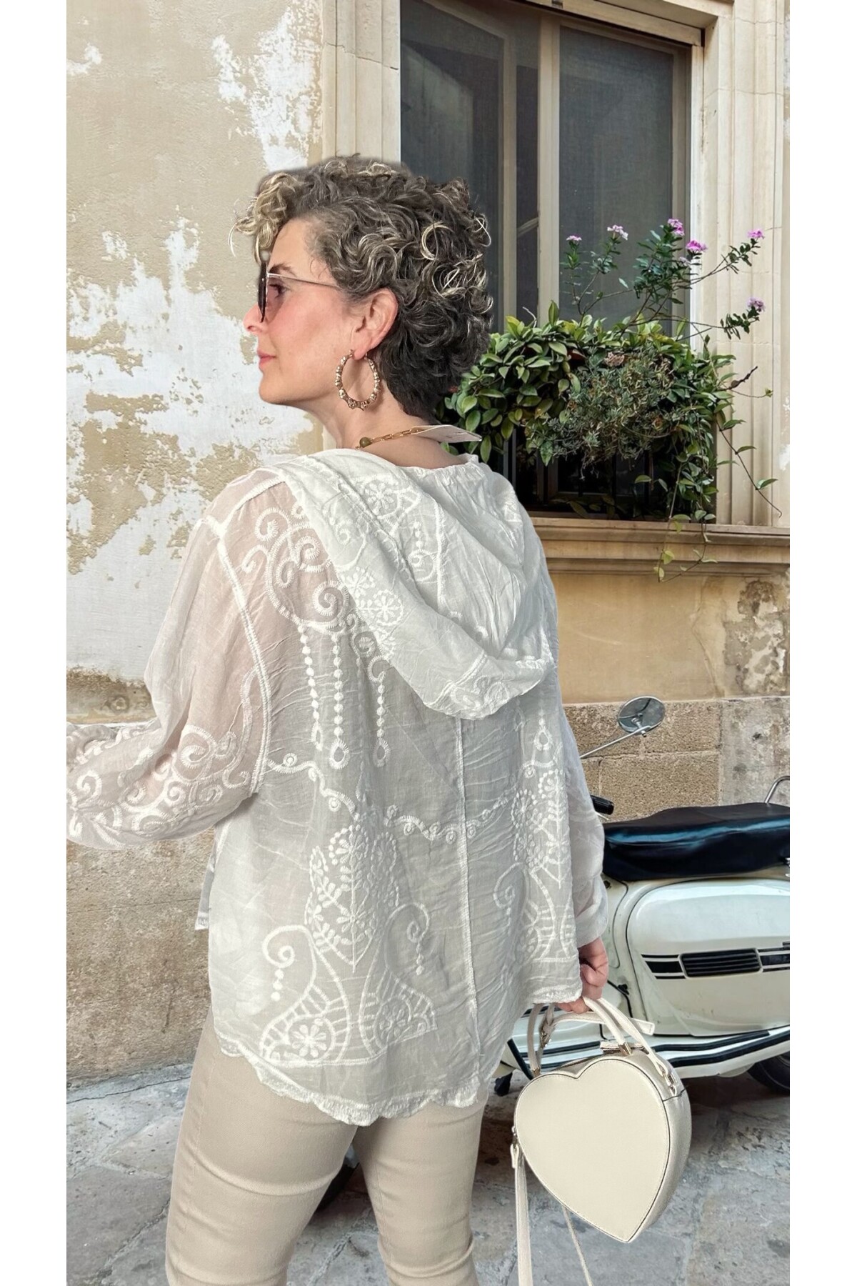 Bohho İthal Kapüşonlu Nakışlı Gömlek Ceket Beyaz